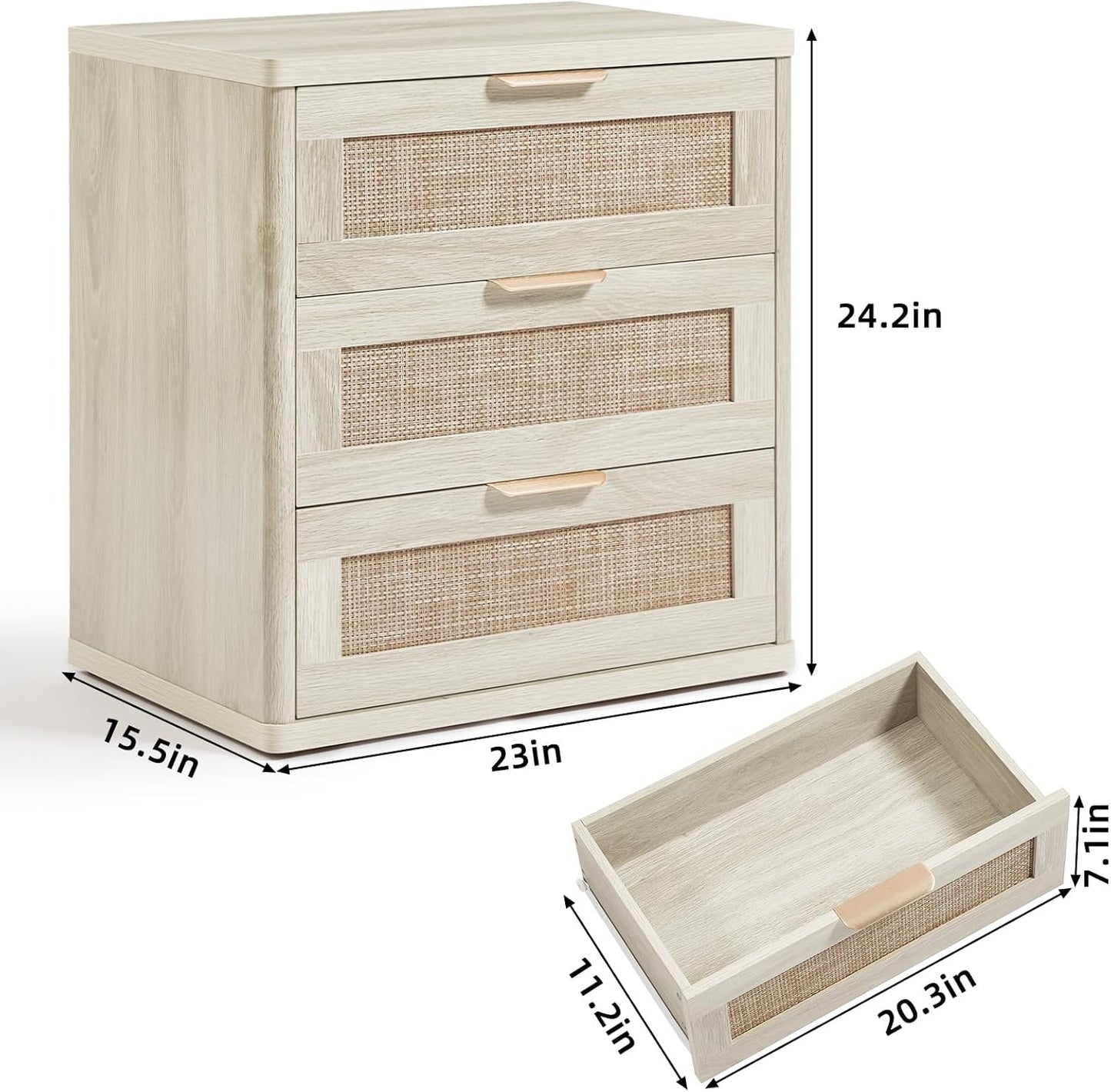 LEYAOYAO Rattan Night Stand with Drawers, 23" Large 3 Drawer Boho Nightstand, Grey White Bedside Table Storage Cabinet, Bed Side End Tables Dresser for Bedroom, Living Room, Hallway, Closet