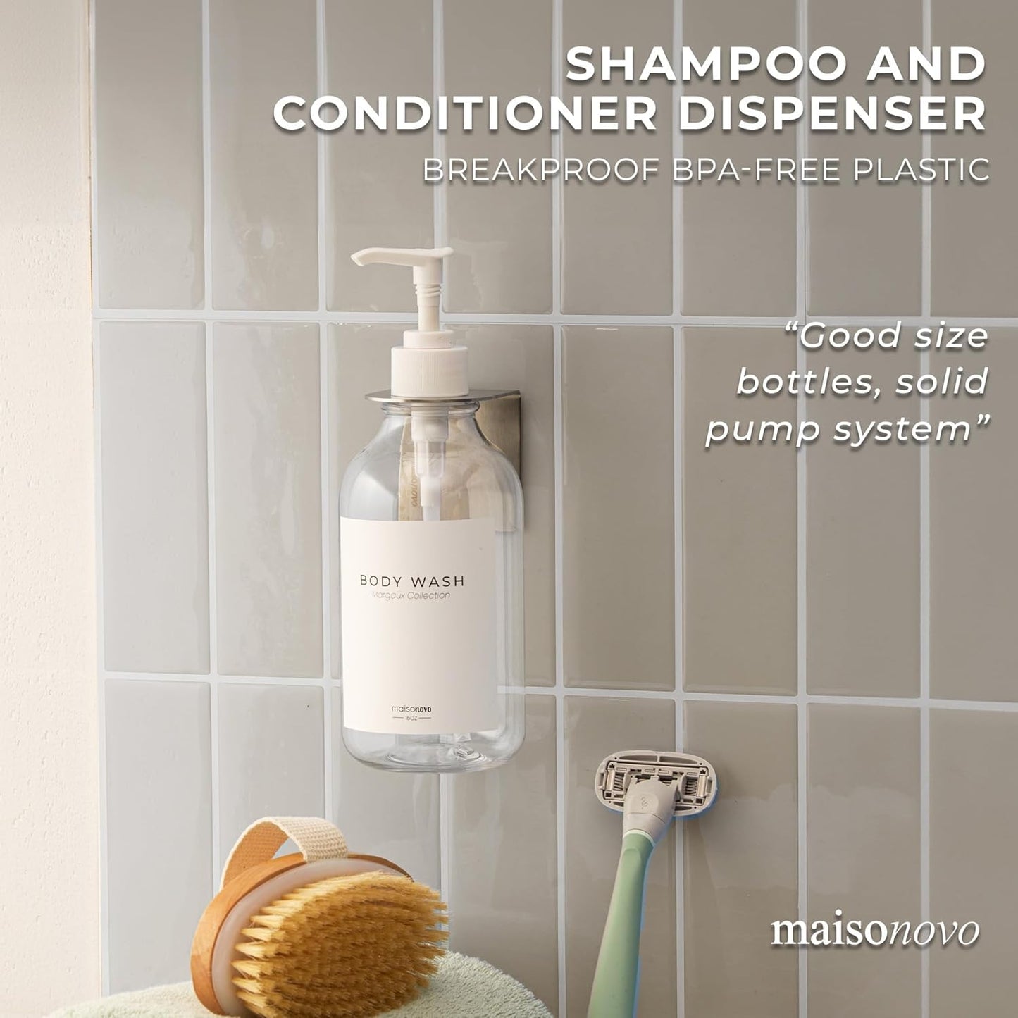 MaisoNovo Shampoo and Conditioner Dispenser - Shower Soap Dispenser Wall Mounted - 16.9 fl oz Set of 1 Clear Plastic Bottles White Pump - 1 Chamber No Drill
