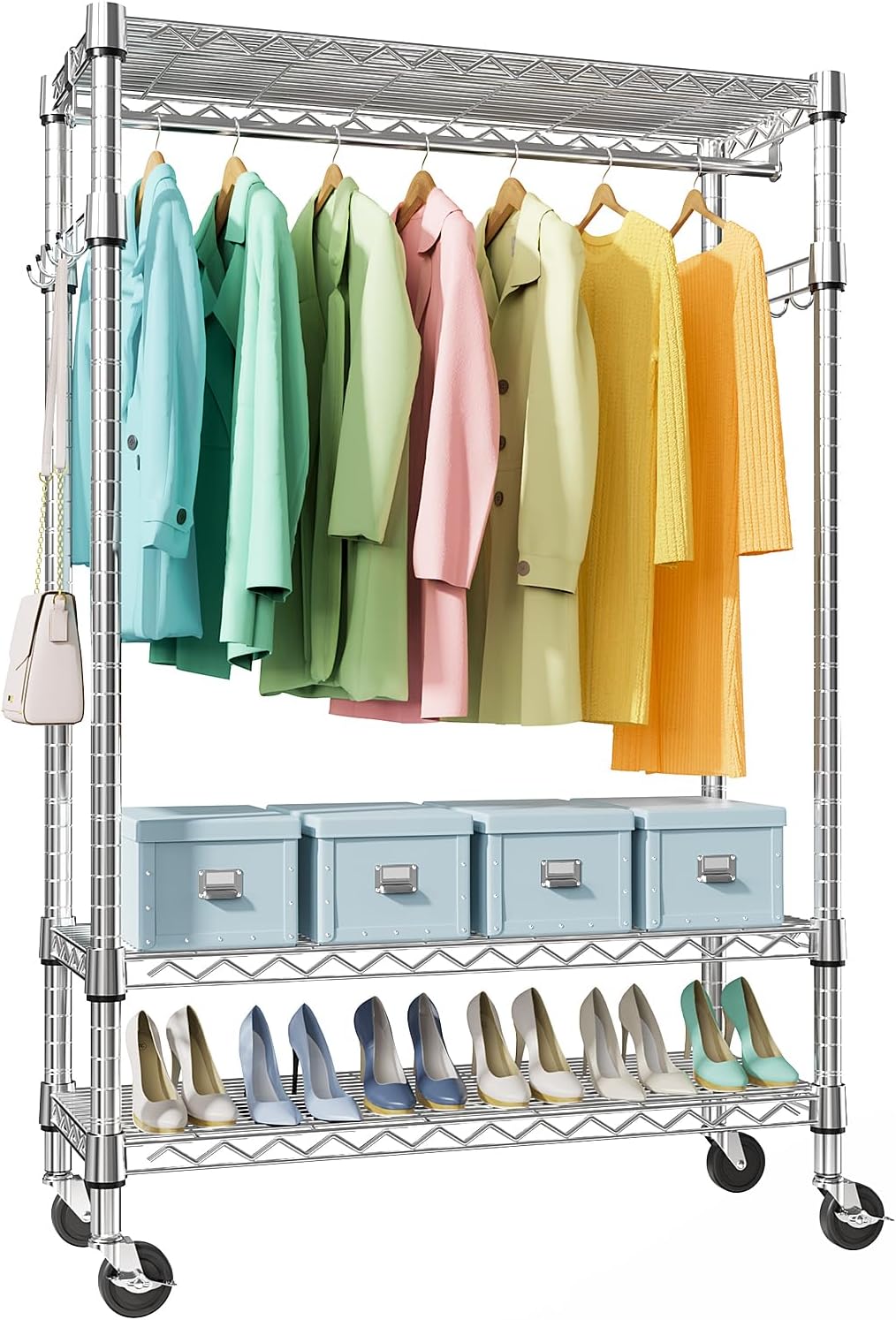 Heavy Duty Rolling Garment Rack 3 Tiers Adjustable Wire Shelving Clothes Rack with Rods and Side Hooks,Storage Closet Clothing Rack with Wheels Chrome 17.7" D x 47.2" W x 83.6" H