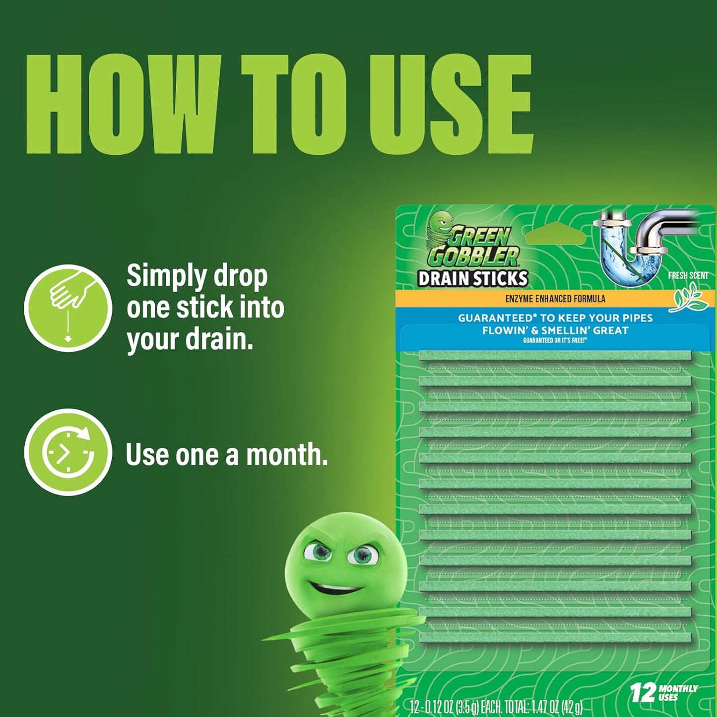 Green Gobbler Drain Cleaner and Deodorizer Sticks with Enzymes - Maintain a Clean Drain, Safe for Pipes and Septic Tanks, Use Monthly - 12 Pack