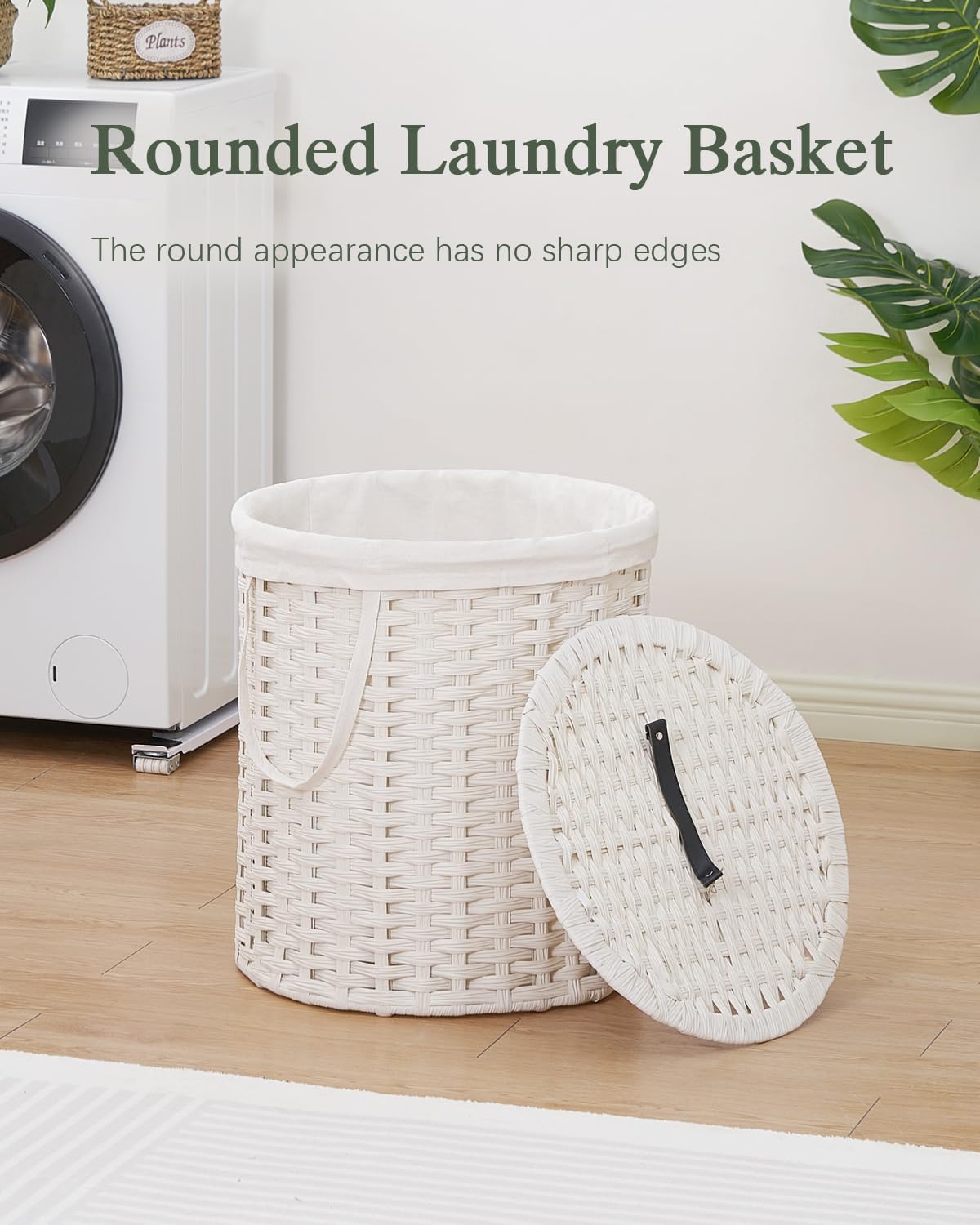 Laundry Hamper with Lid Wicker Laundry Hamper Round 26.5 Gal (100 L) Laundry Basket Handwoven Rattan Laundry Basket with Removable Bag Handles 2 Mesh Bags for Living Room Bedroom White