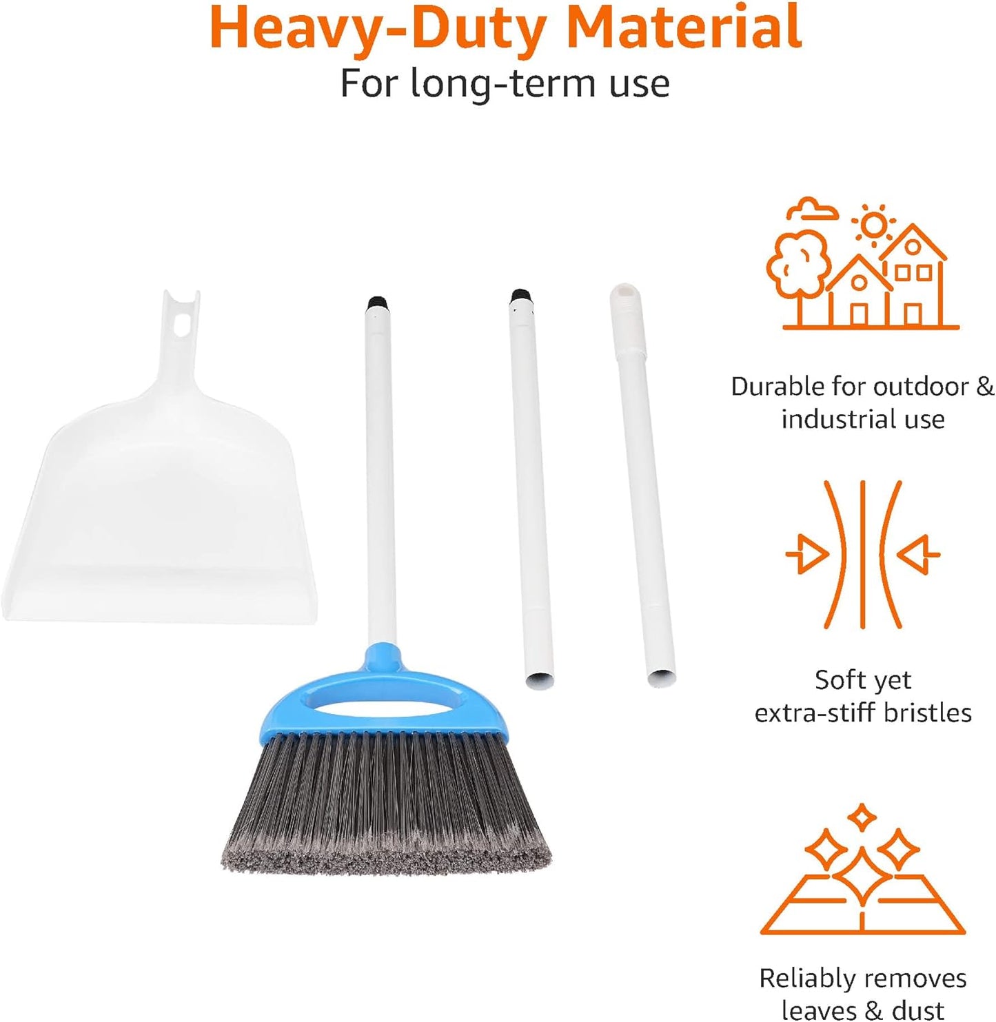 Amazon Basics Dustpan Broom Set with Easy Assembly and Long Handle, Blue and White