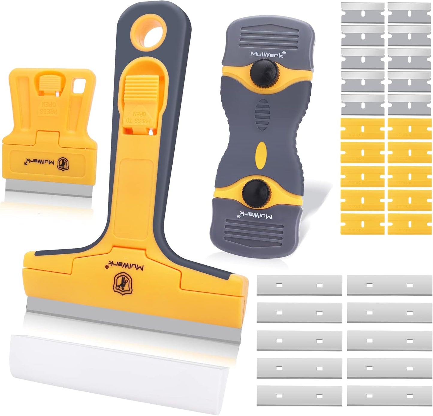 MulWark Razor Blade Scraper Tool Set, 3-Piece with 30 Replacement Blades - Heavy-Duty Cleaning Tool, Standard & Mini Scrapers for Decals, Stickers, Paint, Caulk, and Adhesive Removal