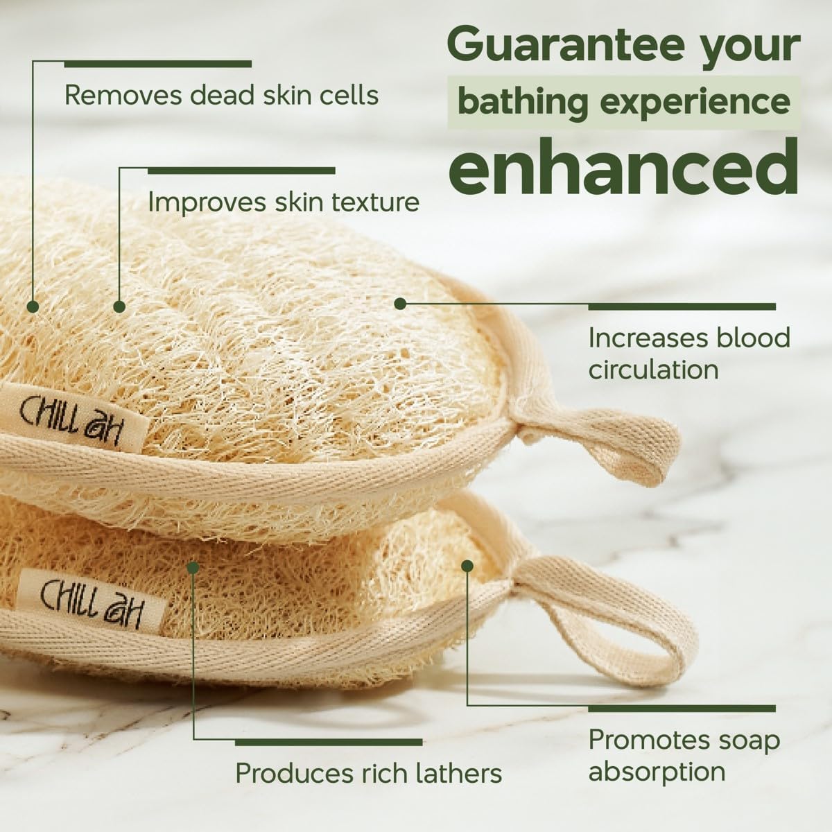 Chill Ah Green Glow All Natural Exfoliator Dual Sided Loofah Bath Sponge Set – 100% Plant-Based, dye-Free, Biodegradable, Scratch-Free, Handcrafted in Vietnam (2-Pack)