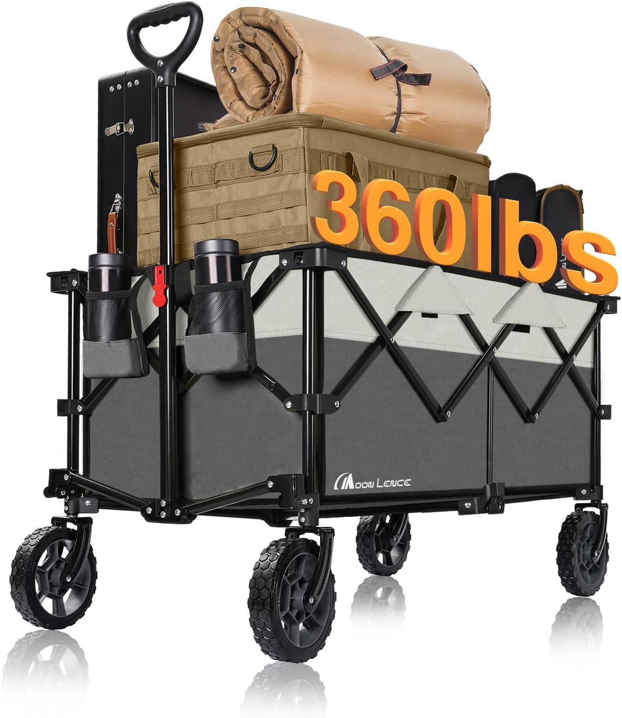 Moon Lence Collapsible Folding Wagon Cart Heavy Duty Folding Garden Portable Hand Cart with All-Terrain Beach Wheels, Adjustable Handle & Drink Holders (Grey & Ivory)