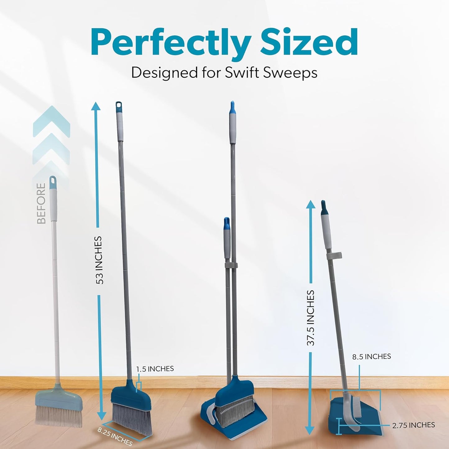 BLACK+DECKER Butler Broom & Dustpan Set - Stand-Up Design - Lightweight, Space-Saving Combo for Kitchen, Living Room, Bathroom, Lobby Floors - Home Cleaning Essential, Ocean Blue