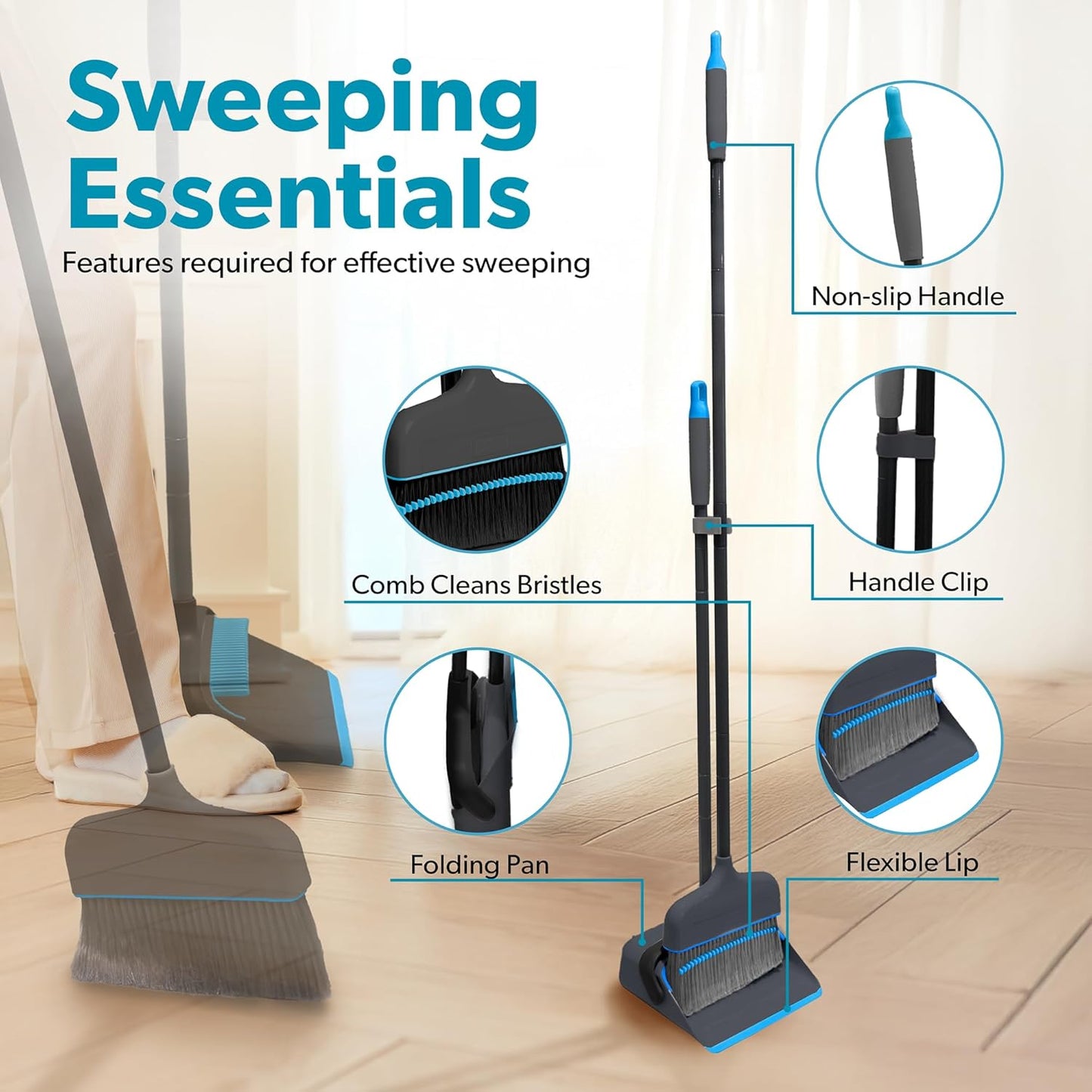 BLACK+DECKER Butler Broom & Dustpan Set - Short Handle, Stand-Up Design - Lightweight, Space-Saving Combo for Kitchen, Living Room, Bathroom, Lobby Floors - Home Cleaning Essential, Black/Blue