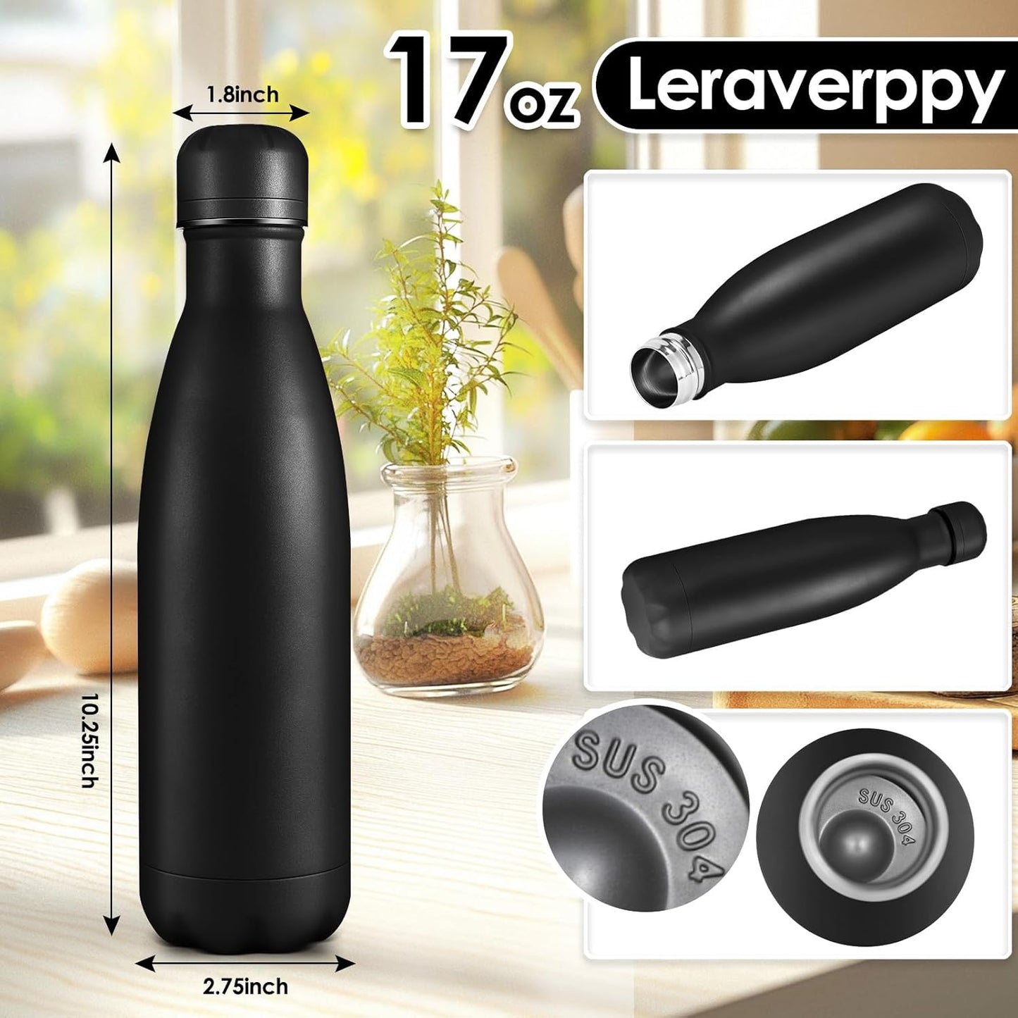 17oz Cola-Bottle Shaped Stainless Steel Leak-proof Water Bottle,Double Wall Vacuum Insulated Metal,Travel Mug For Sports Indoors & Outdoors,BPA-Free School Kids Flasks,Black(12Pack)