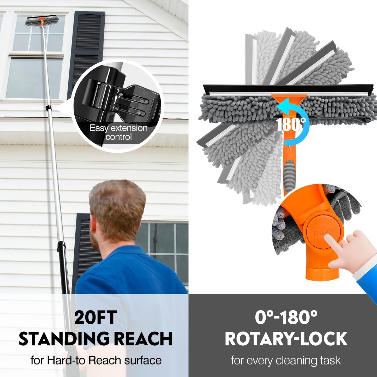 5-12ft Squeegee & 20Ft Reach Window Washer - 14" Extra-Large 2-in-1 Window Cleaner Tool with Extra-Thick Aluminum Telescopic Extension Pole for Indoor/Outdoor, RV, Truck Glass