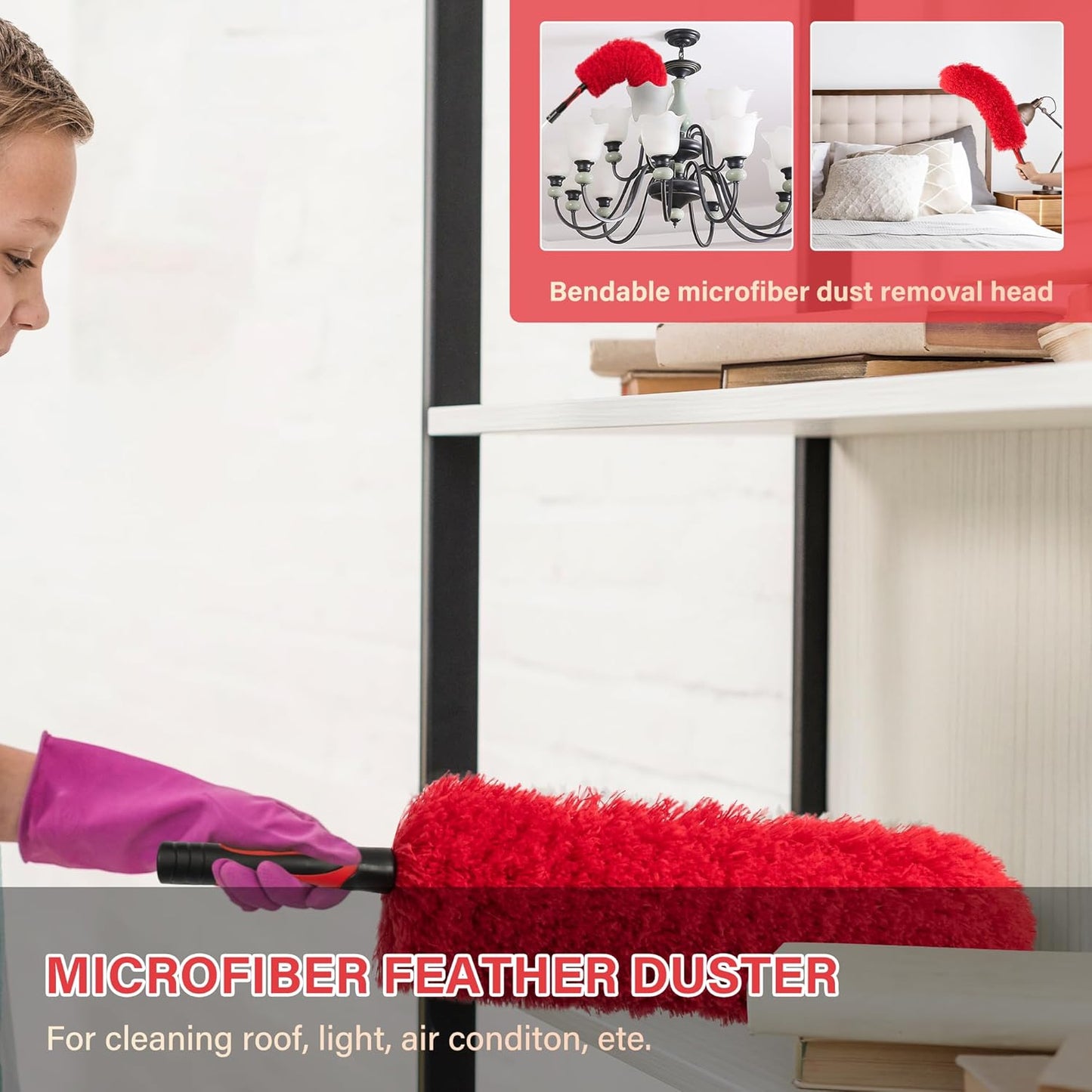 5-12 FT Extension Pole with 2 Outdoor Cobweb Brushes, 20 FT High Reach Ceiling Fan Cleaner Duster for Home, 12 FT Extendable Pole with 4 Pcs Dusting Tools, Cubweb Dusters, Feather Dusters, Fan Duster