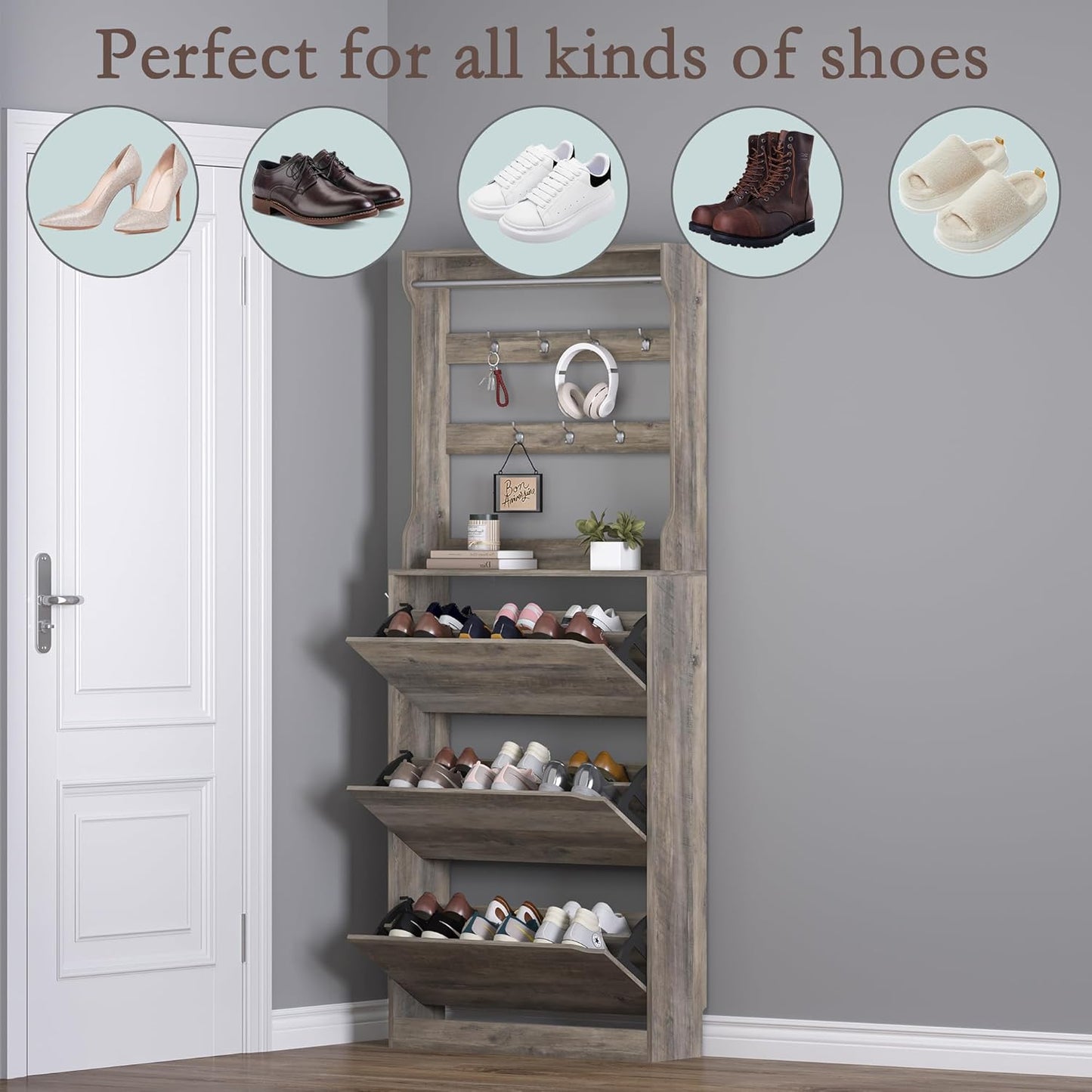 Shoe Cabinet with 3 Flip Drawers & Coat Rack, Narrow Hidden Shoe Storage Cabinet, 2-in-1 Hall Tree Slim Freestanding Shoe Rack Organizer for Entryway, Hallway, and Living Room