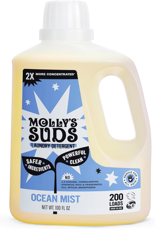 Molly's Suds Liquid Laundry Detergent | Clean Laundry Detergent Soap for Sensitive Skin | 2x Concentrated, High Efficiency (HE) (Ocean Mist - 200 Loads)