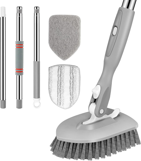 SetSail Floor Scrub Brush, 3-In-1 Tile Tub Floor Scrubber with 52-inch Adjustable Long Handle Shower Cleaner Brush and 3 Detachable Replacement Brush Heads for Cleaning Bathroom Kitchen Tub Tile, Grey