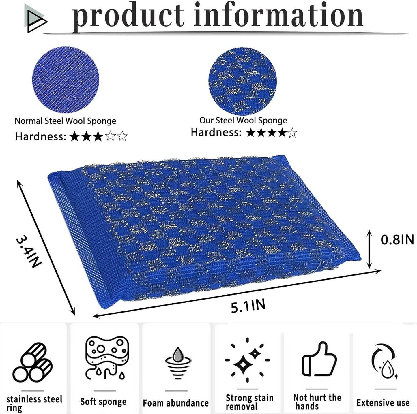 Steel Wool Scrubbers Dish Kitchen Sponges Heavy-Duty Kitchen Steel Scrub Sponges,Multi-Functional Stubborn Stain Fast Cleaning Scrubber(6 Pack)