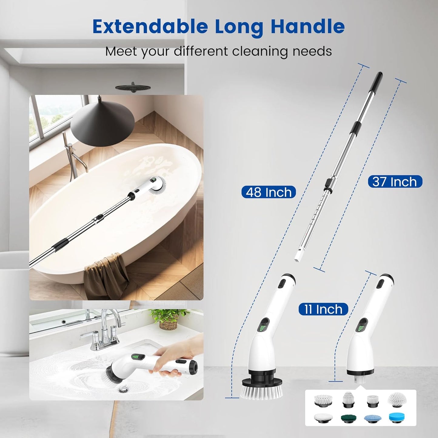 Electric Spin Scrubber, Full-Body IPX7 Waterproof Cordless Shower Scrubber with 8 Replaceable Heads, Upgraded Extension Handle, 2H Work Time, 2 Speeds for Bathroom Shower Tile Glass