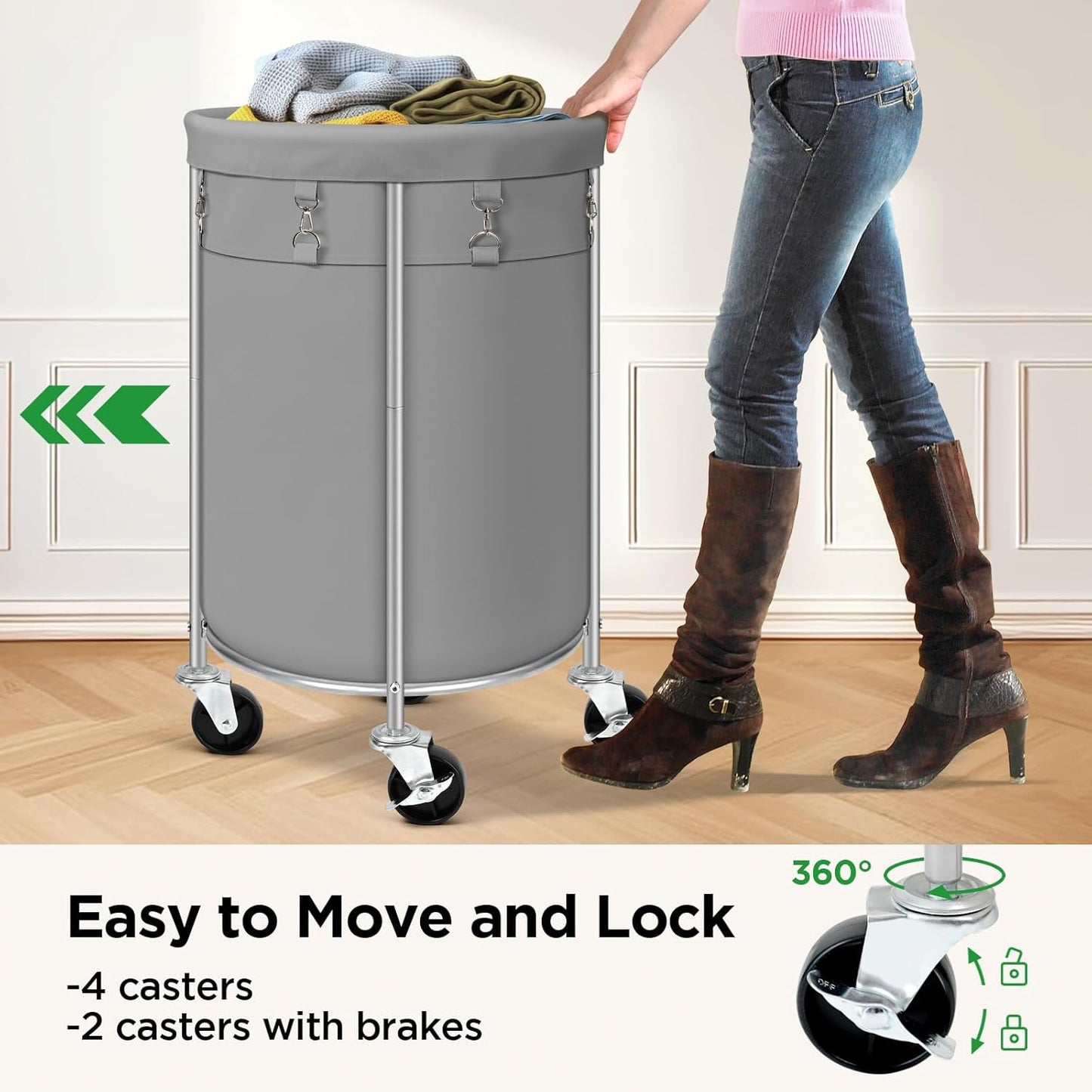 Laundry Hamper with Wheels, 100L Round Rolling Laundry Basket Sorter with Removable Bag, Clothes Cart Organizer with Steel Frame for Bedroom, Bathroom, Laundry Room, Grey