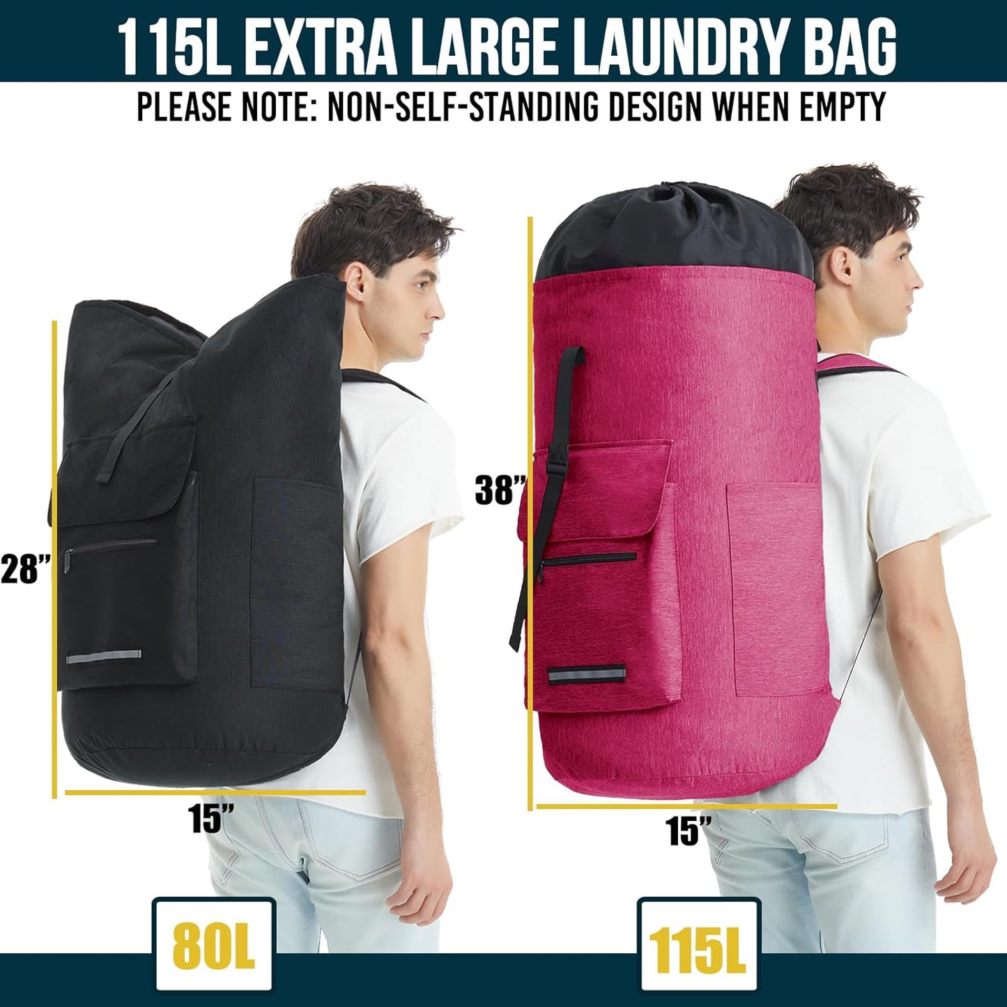 Laundry Bag Extra Large 115L，Laundry Backpack with Shoulder Straps，Sturdy Travel Laundry Bags with 4 Pockets，Laundry Backpack Heavy Duty，Clothes Hamper Bag XXL，College Dorm Essentials