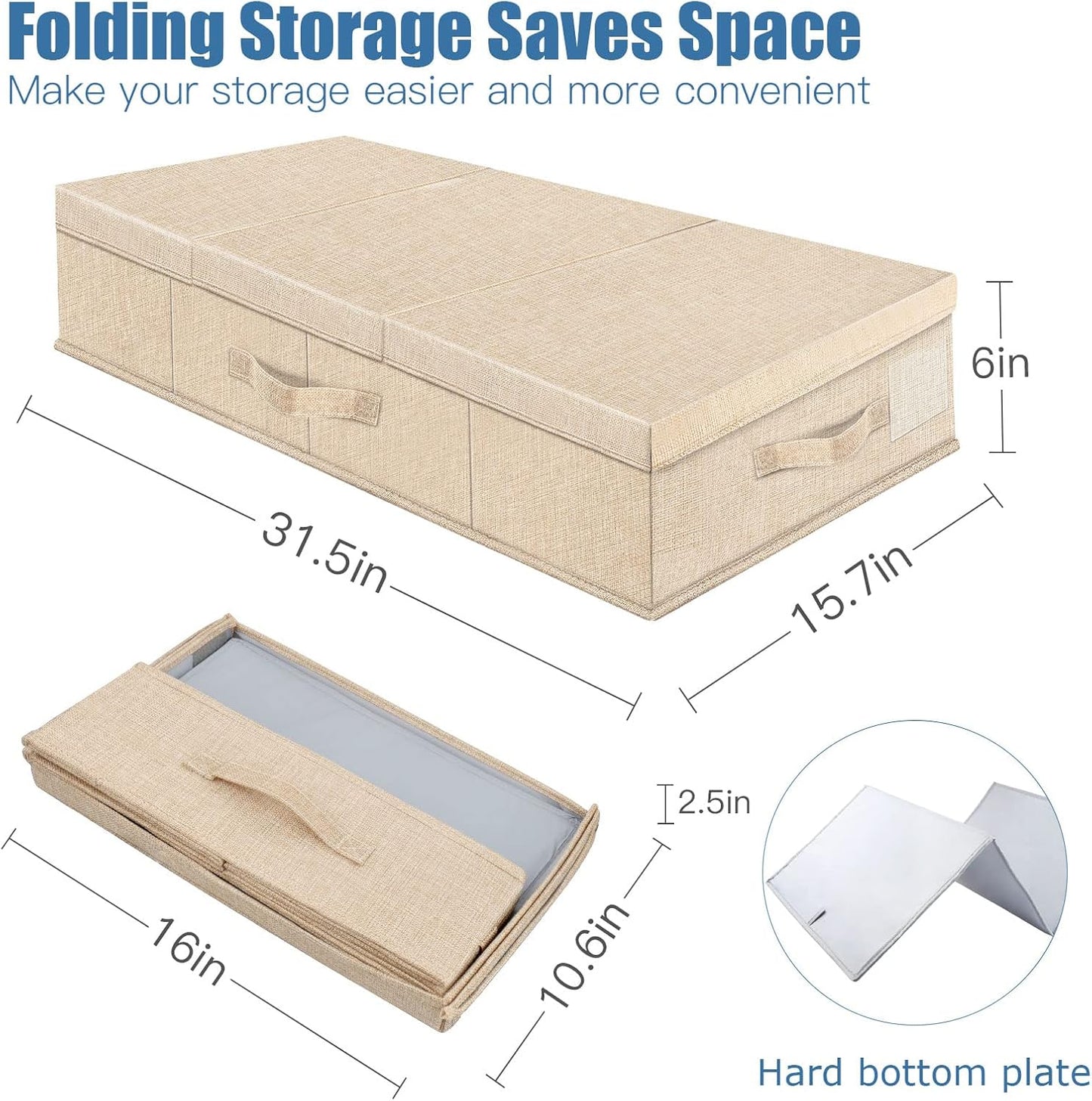 Underbed Storage Containers Bin with Lids (Set of 2) Large Under Bed Storage Organizer Box with Handle, Foldable Under the Storage Bags for Organizing Clothes, Shoes, Blankets, Pillows-Khaki