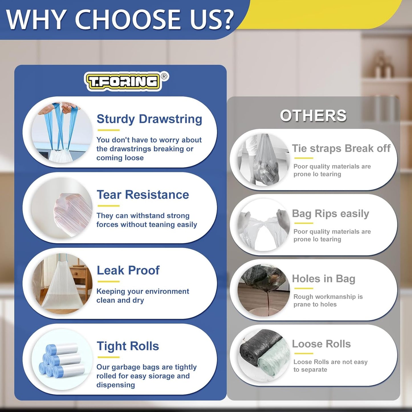 15 Gallon Trash Bags with Drawstring - 120 Count Heavy Duty 1.25 Mil Garbage Bags 56 Liter Tall Kitchen Bin Liners Unscented White for Home Yard Lawn