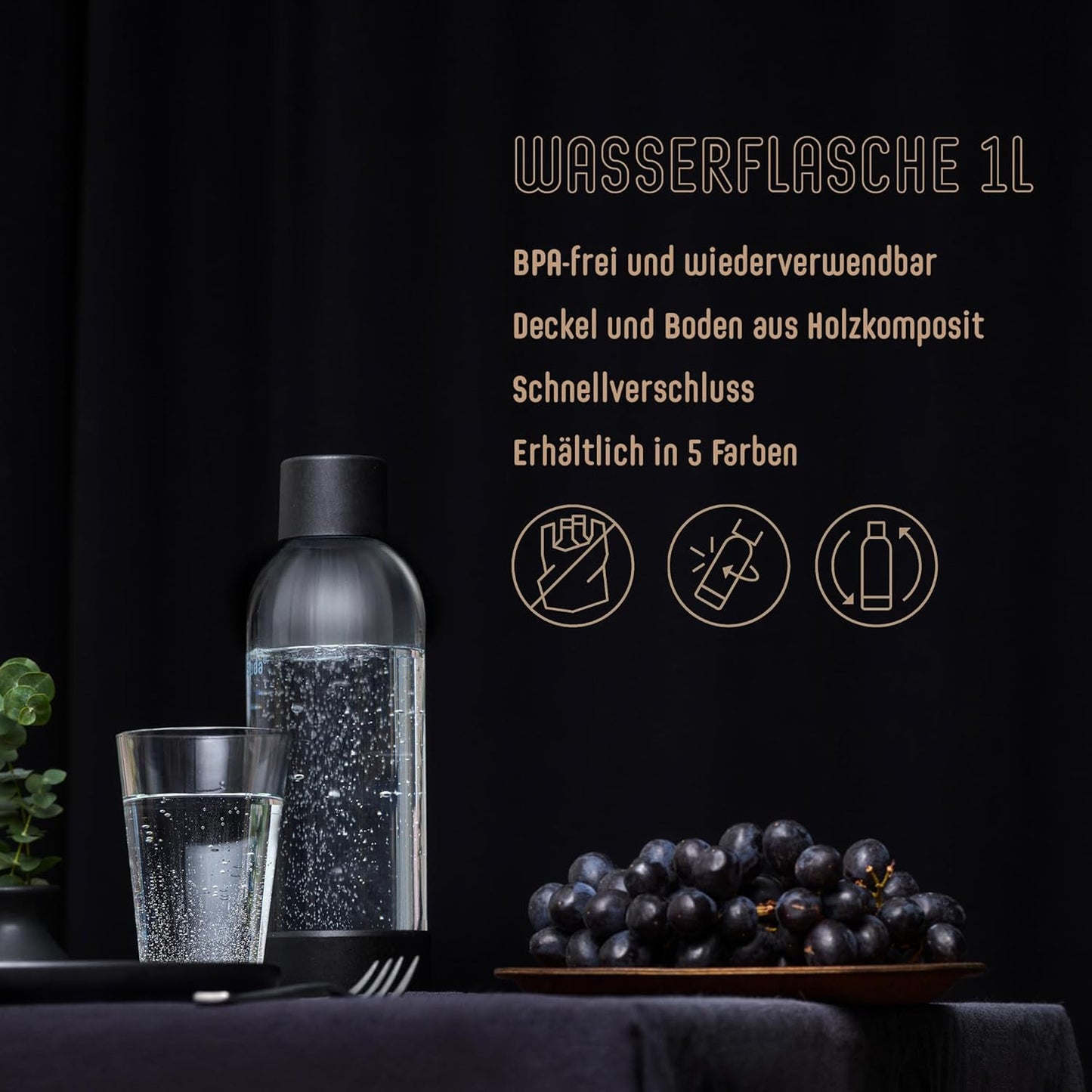 Mysoda Carbonating Bottles 2Pck 1L - Compatible with MySoda and any brands - Lid and Base Made of Wood Composite - Quick-Lock Reusable Bottles - BPA Free - Black