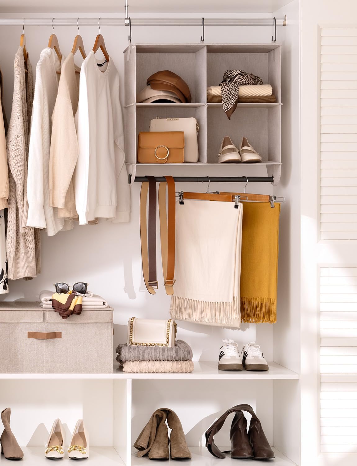 StorageWorks Hanging Closet Organizer with Metal Rod, 4-Section Closet Organizers and Storage, Collapsible Hanging Shelves for Wardrobe Organizer, Nursery, Bedroom, Light Khaki