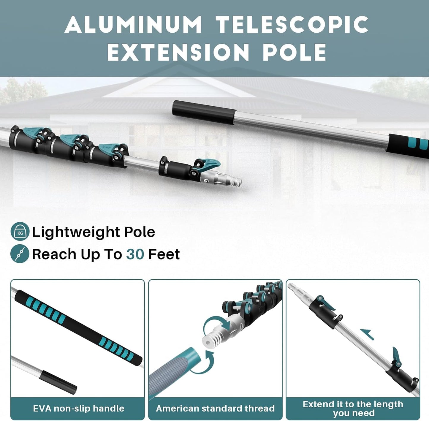 36 Foot High Reach Duster Kit with 7-30FT Extension Pole High Ceiling Dusting and Window Cleaning Kit with Telescopic Pole Window Washer&Squeegee,Cobweb Duster,Fan Duster and Feather Duster