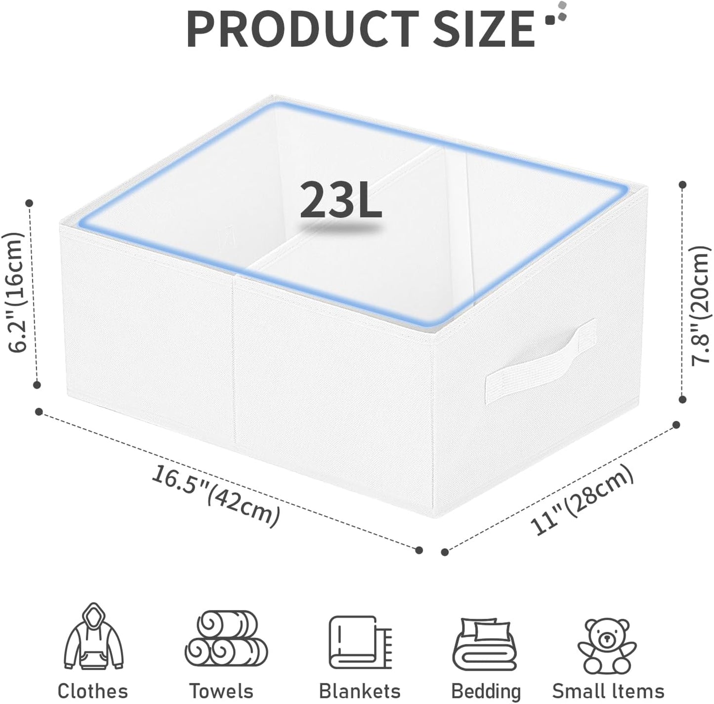 DIMJ Large Closet Shelf Organizer Bins 8 Packs with Handles and Divider, Fabric Trapezoid Storage Baskets, Foldable Clothes Containers Box for Shelf, Towel, Book, Toy, Purse, Hats, White