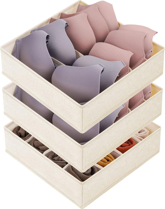 3 Pack Bra Underwear Drawer Organizer Dividers, 26 Cell Fabric Foldable Dresser Closet Organizers and Storage Boxes for Baby Clothes, Bra, Socks, Underwear, Ties (5+5+16 Slots, Beige)