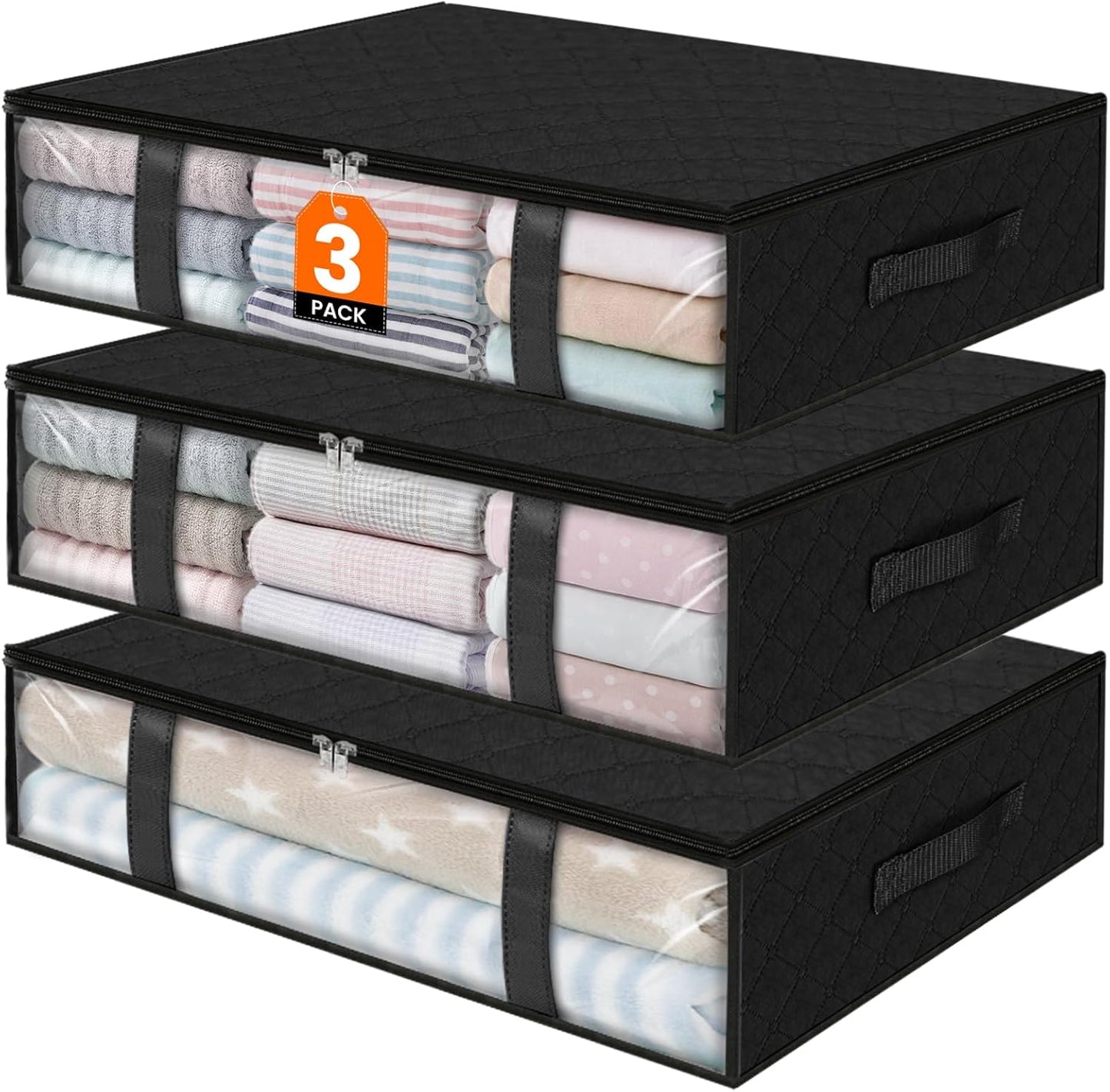 StorageRight Under Bed Storage Bins, 3-Pack 40L Foldable Fabric Storage Bags with Transparent Window, Breathable Organizer for Clothes/Blanket/Comforter/Quiltr, Black