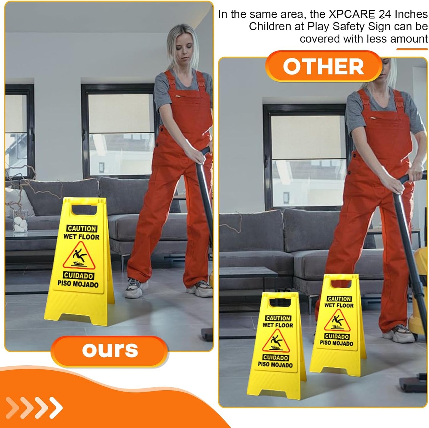 XPCARE 24 Inches Caution Wet Floor Sign, 3PCAK Yellow Bilingual Double-Sided Safety Warning Signs,A Frame Safety Wet Floor Signs Commercial