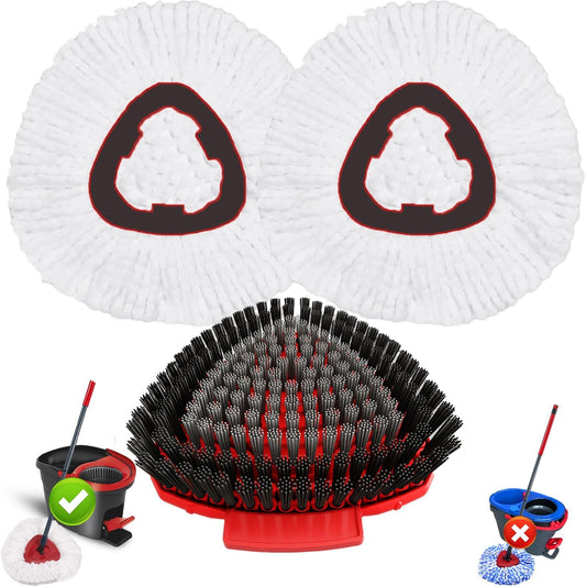 Spin Mop Head Replacement for O Cedar EasyWring 1-Tank System, 2 Mop Replace Heads + 1 Upgrade Scrubber Brush, 100% Microfiber Mop Refills Deep Cleaning Machine Washable
