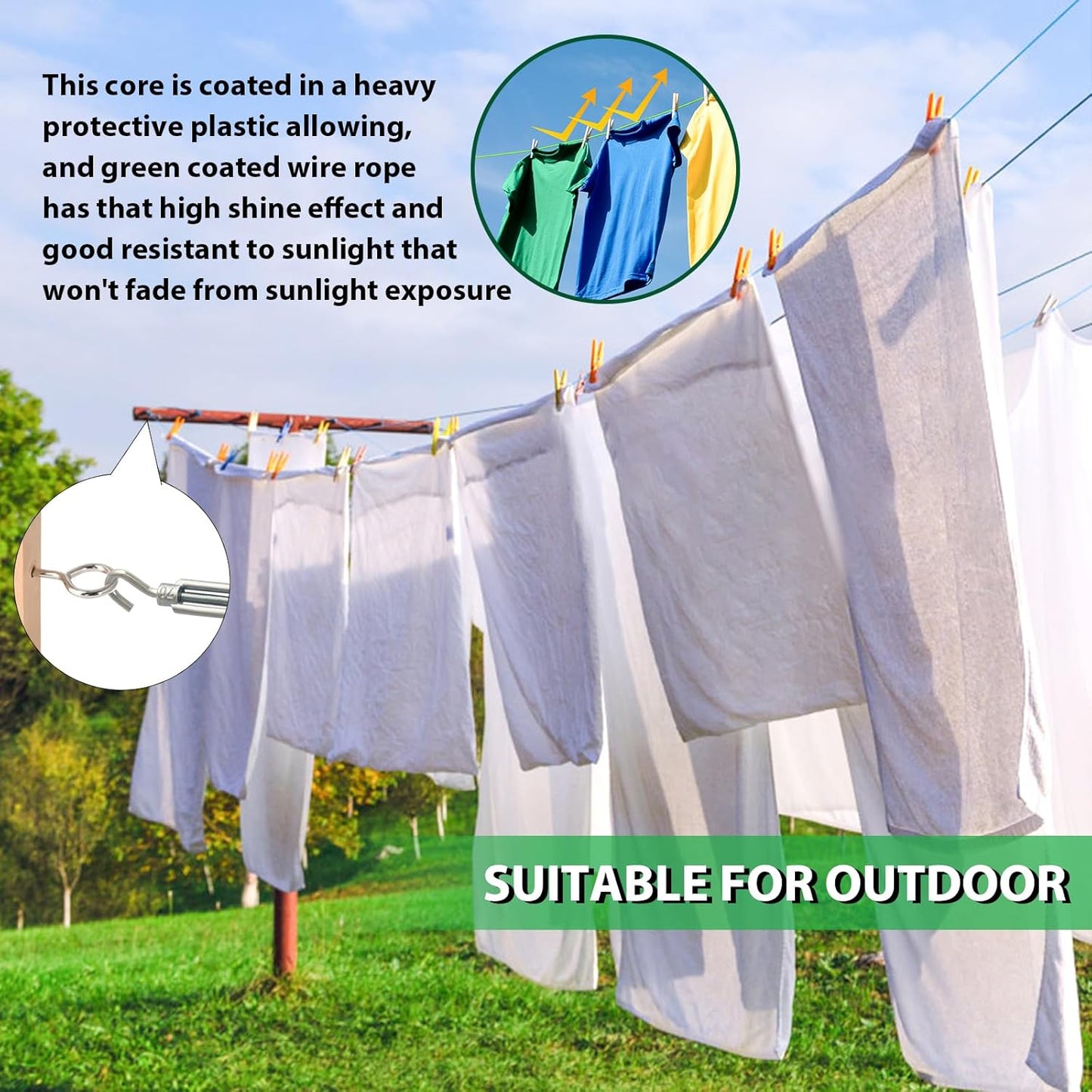 100 Ft Turnbuckles for Cables Wire, 3/16" Green PVC Coated Wire Rope Kit, Multi-use Steel Cable for Grape Vines/Clothes Line Outdoors for T Post/String Light Hanging/Garden Wire