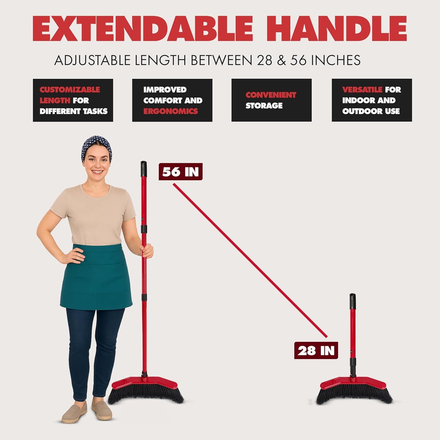 Da Vinci Curved Angle Broom (2) - Sturdy Wide Broom for Indoor/Outdoor Sweeping, Heavy Duty Steel Telescopic Handle, Durable PVC Bristles, Ideal for Pet Hair, Dust, Kitchen & Rough Surfaces