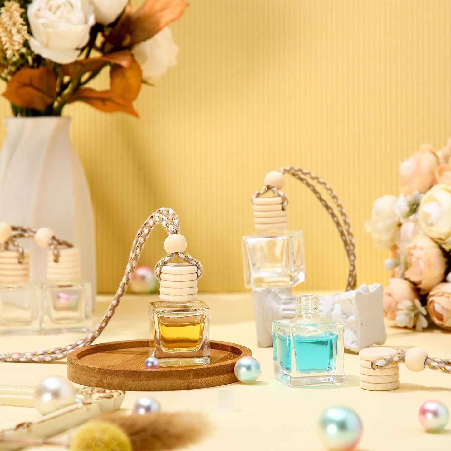 BBTO 50 Pcs Hanging Car Air Freshener Car Diffuser Bottles Empty Glass Perfume Bottle Freshener Diffuser Bottle Pendant for Essential Oil Fragrance Aromatherapy Bottle Ornament(Cube)