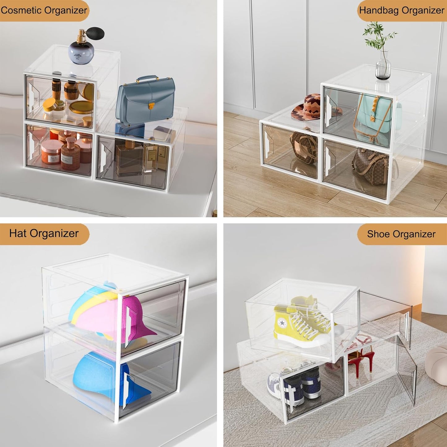 X-Large Stackable Shoe Boxes - Clear Plastic Shoe Storage Boxes with Magnetic Door, Thicken Shoe Organizer for Closet, Space Saving Foldable Shoe Containers Bins for Sneaker Boot - 6 Pack(White)