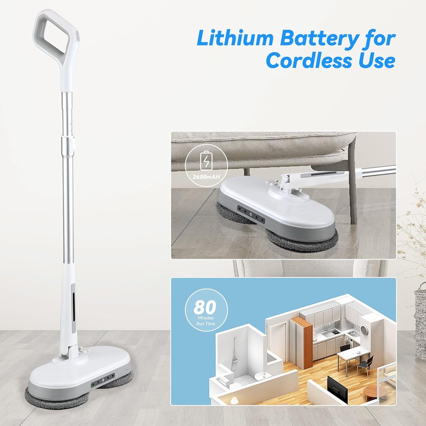 Cordless Electric Mop, Dual Motor Powerful Spin Mop 2600 mAh, Floor Polisher,1H Rechargeable Power Mops with LED Light/Water Sprayer, Electric Mops for Floor Cleaning for Hardwood, Tile, Rotate 180°