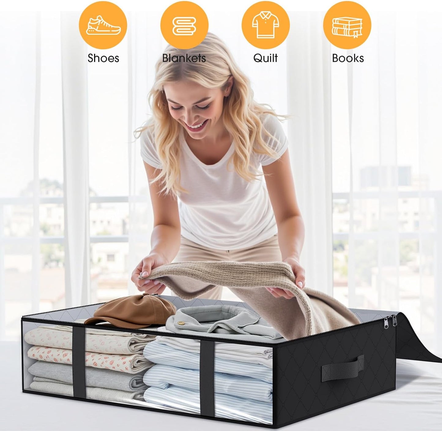 StorageRight Under Bed Storage Bins, 2-Pack 40L Foldable Fabric Storage Bags with Transparent Window, Breathable Organizer for Clothes/Blanket/Comforter/Quiltr, Black