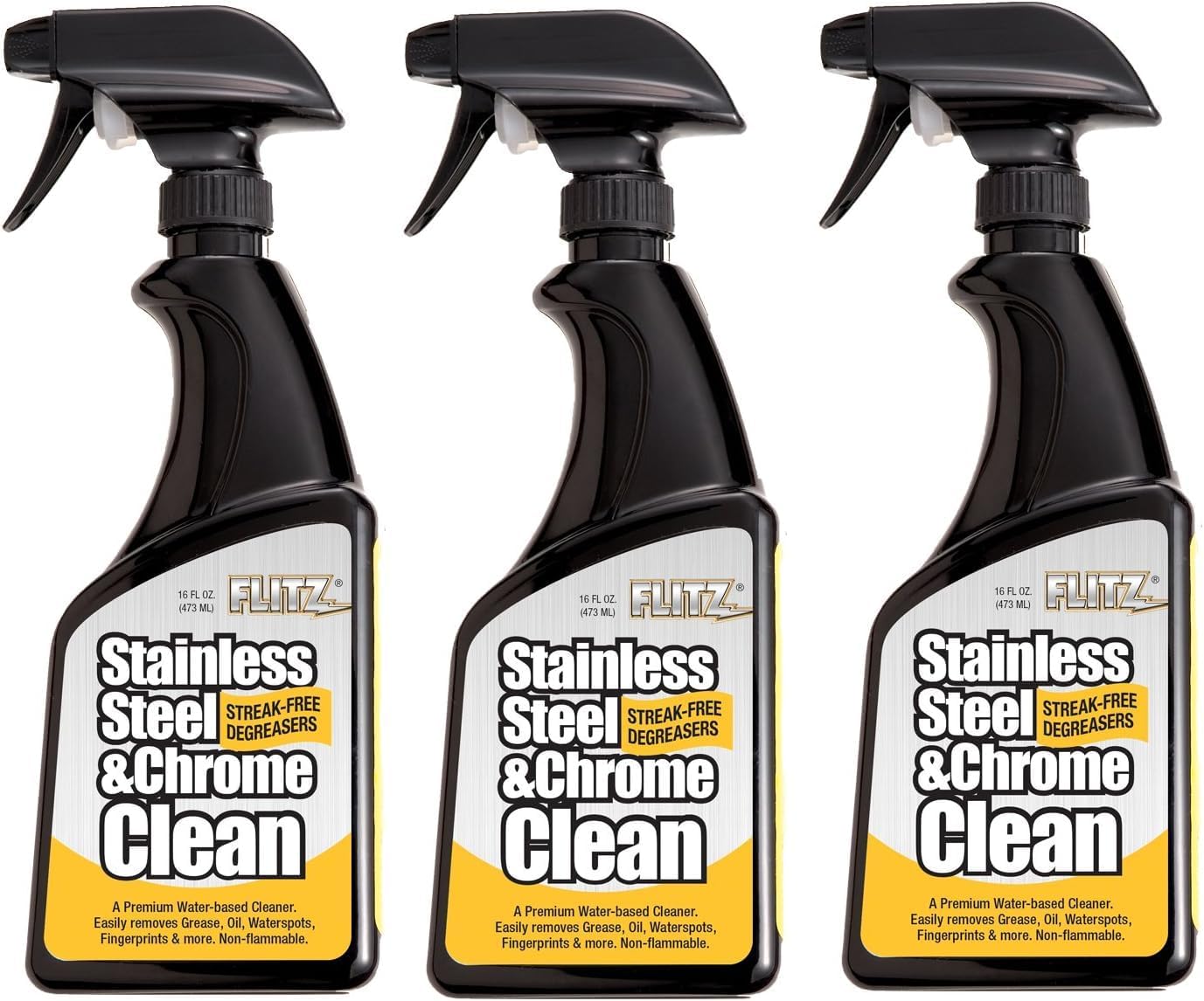 Flitz Stainless Steel & Chrome Clean - 16oz Bottle, USA-Made Stainless Steel Cleaner Spray for Appliances - Grill, Fridge, Sink Stain Remover - Also Works on Aluminum Surfaces (3 Pack)