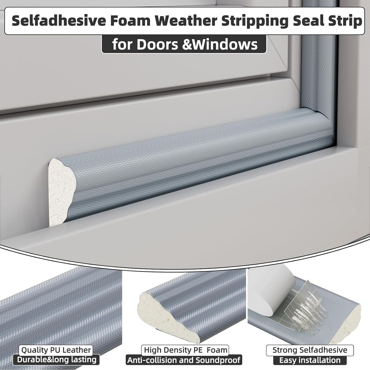 16.4 Ft Weather Stripping Seal Strip for Doors/Windows,Soundproofing Window Insulation Draft Stopper for Winter, Selfadhesive Foam Weather Strip for Door Frame,Door Gap Filler Noise Blocker(Gray)