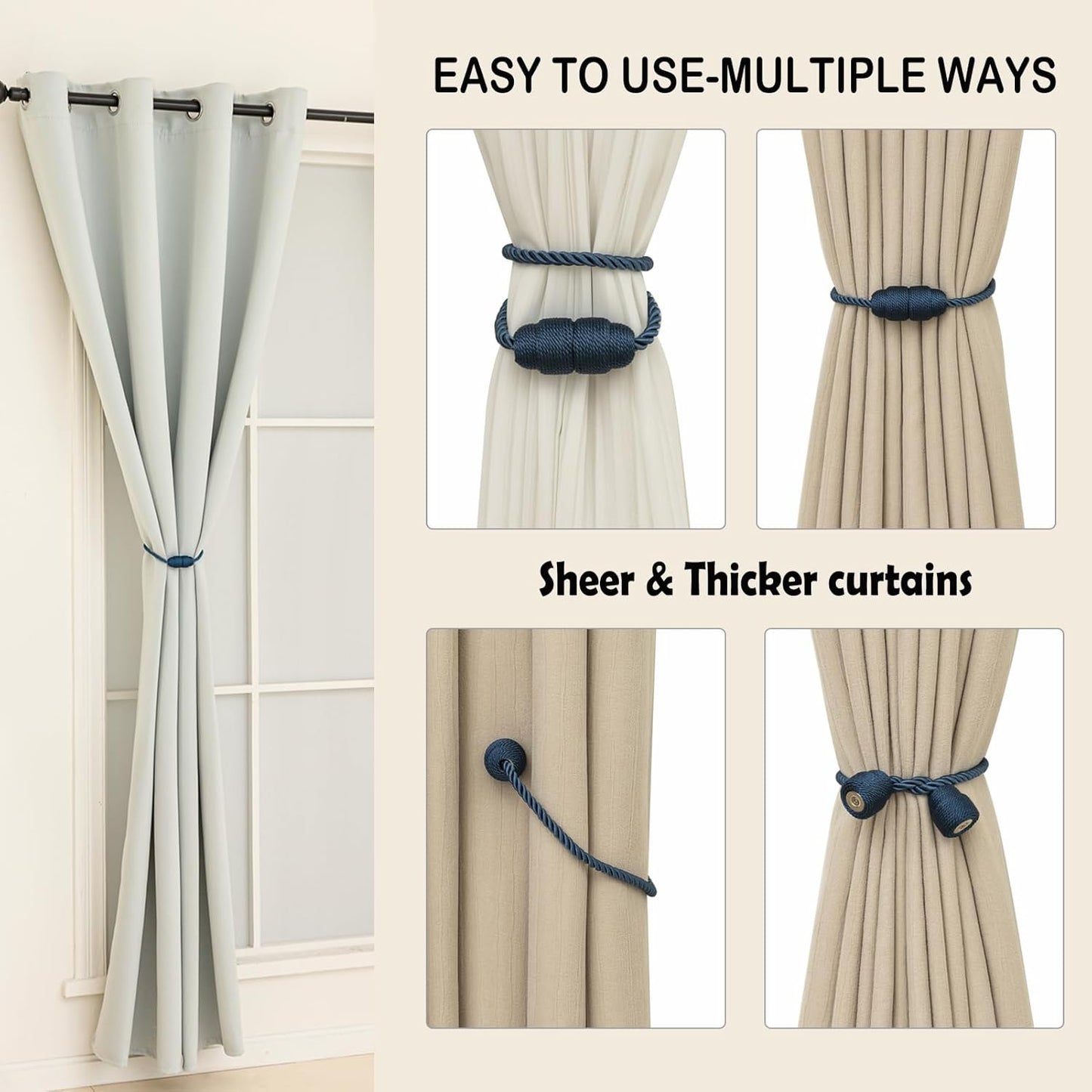 Magnetic Curtain Tiebacks - Rope Tiebacks for Curtains & Drapes, Decorative Window Holdbacks (2 Pack, Blue)