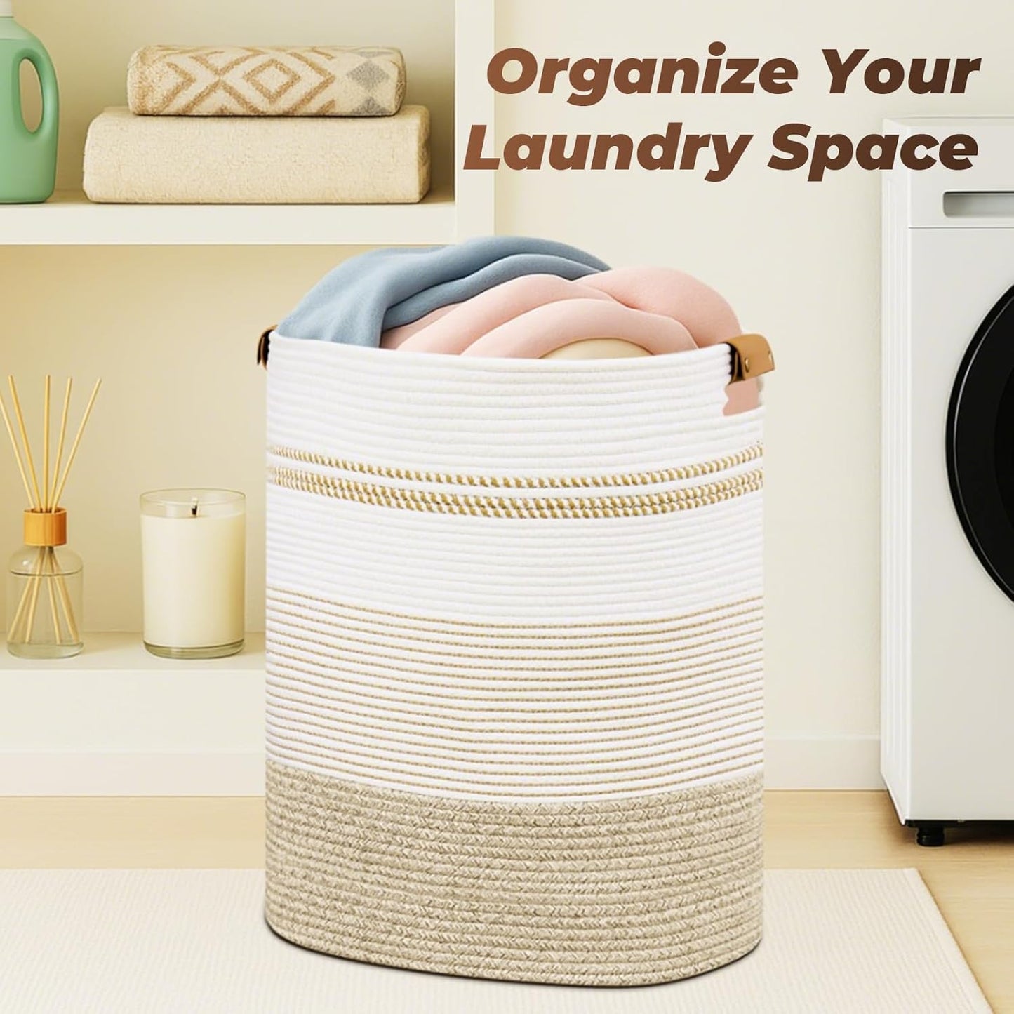 Laundry Basket with Handles - Blanket Basket & Hampers for Bedroom Aesthetic, Laundry Hamper & Blanket Storage for Living Room, Clothes Hamper, Tall, Large 17" x 14" x 22”, Light Brown & White