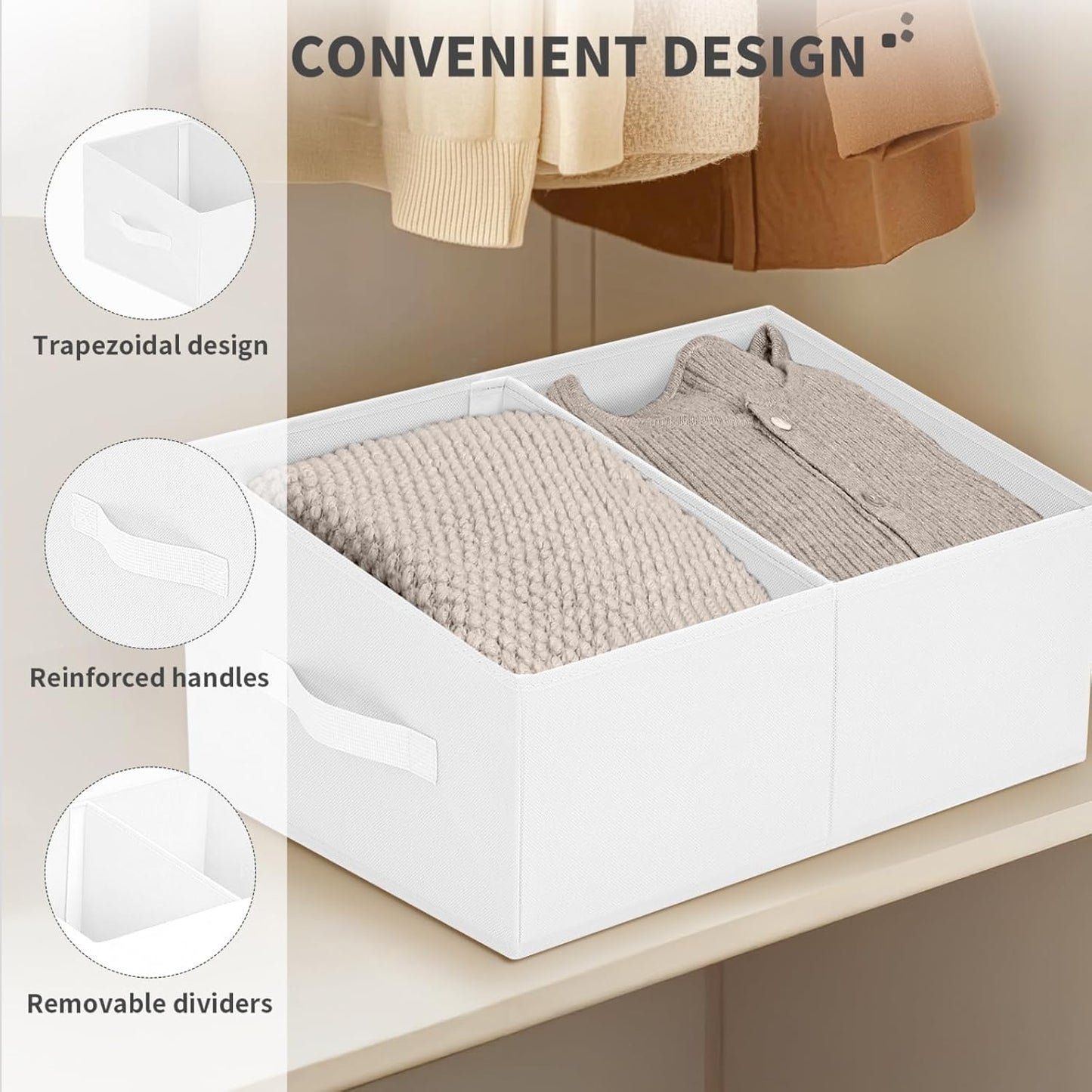DIMJ Large Closet Shelf Organizer Bins 6 Packs with Handles and Divider, Fabric Trapezoid Storage Baskets, Foldable Clothes Containers Box for Shelf, Towel, Book, Toy, Purse, Hats, ,White