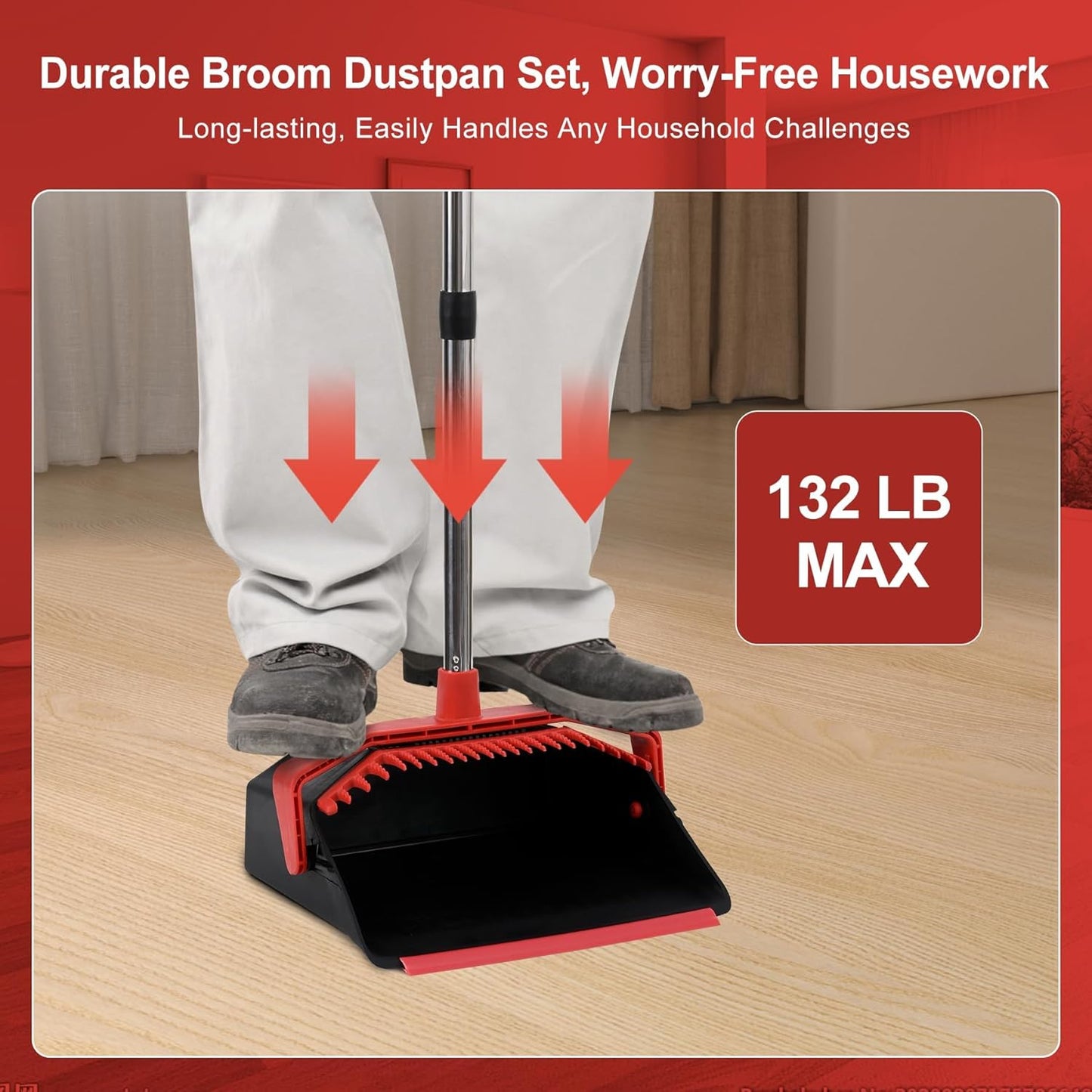 Upgrade Broom with Dustpan Combo Set, Broom and Dustpan Set with 51'' Long Handle, Dust Pan and Brooms, ZeroGap Lip, Self-Cleaning Dustpans Teeth for Lobby Kitchen Restaurant - Black and Red