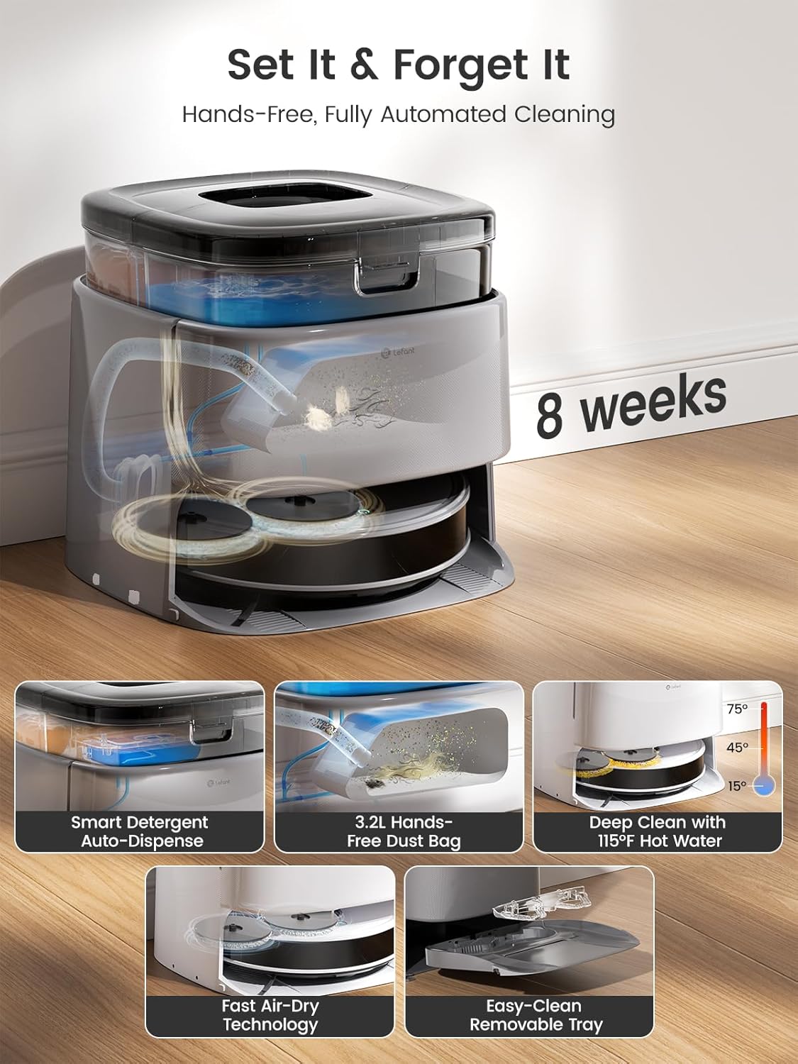 Lefant M3 Max Robot Vacuum, Robot Vacuum and Mop, 20000Pa Suction, Anti-Tangle Brushes, Dual Spinning Mop, Auto Mop Washing, Drying, Self-Emptying, Self-Refilling, for Pet Hair Dust, App Voice Control