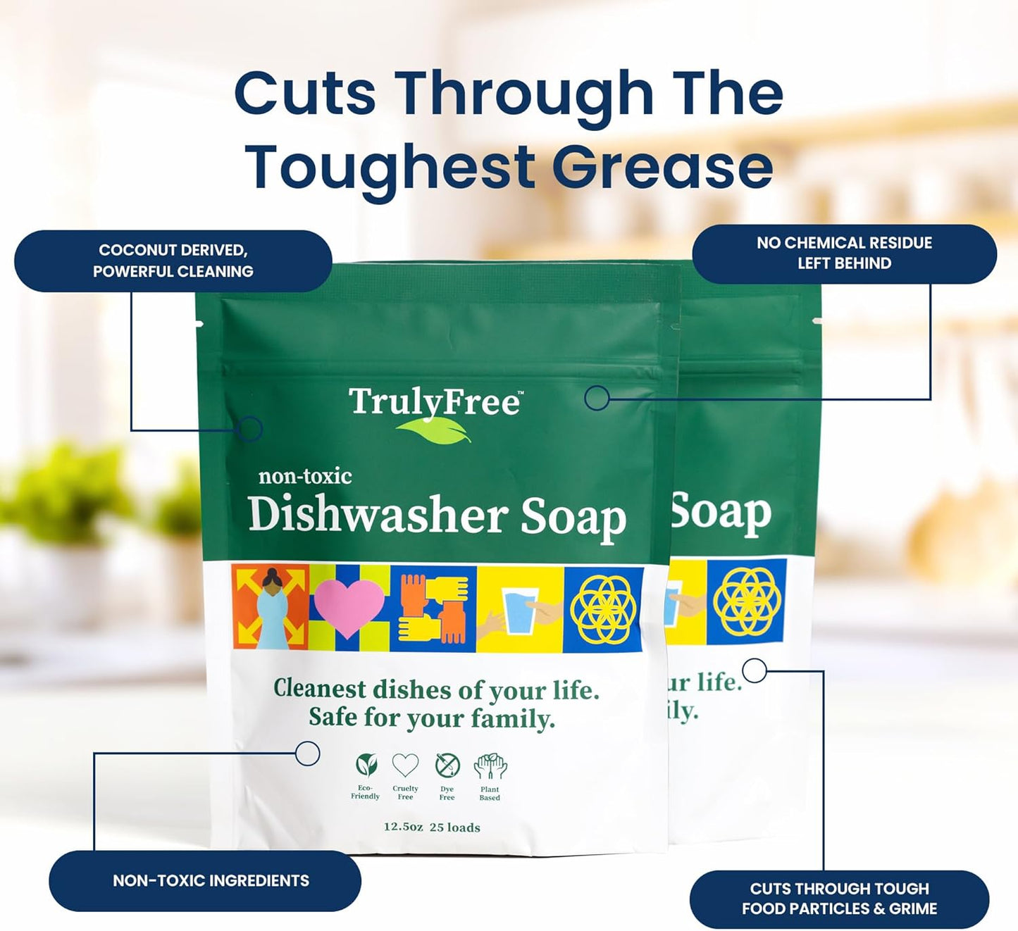 Truly Free Dishwasher Detergent Powder | Natural Dish Detergent, Dishwasher Soap | Plastic Free, Plant-Based, Clean, Heavy Duty Hard Water Stain & Grease Remover | Fragrance Free | 12.5 oz (Pack of 3)