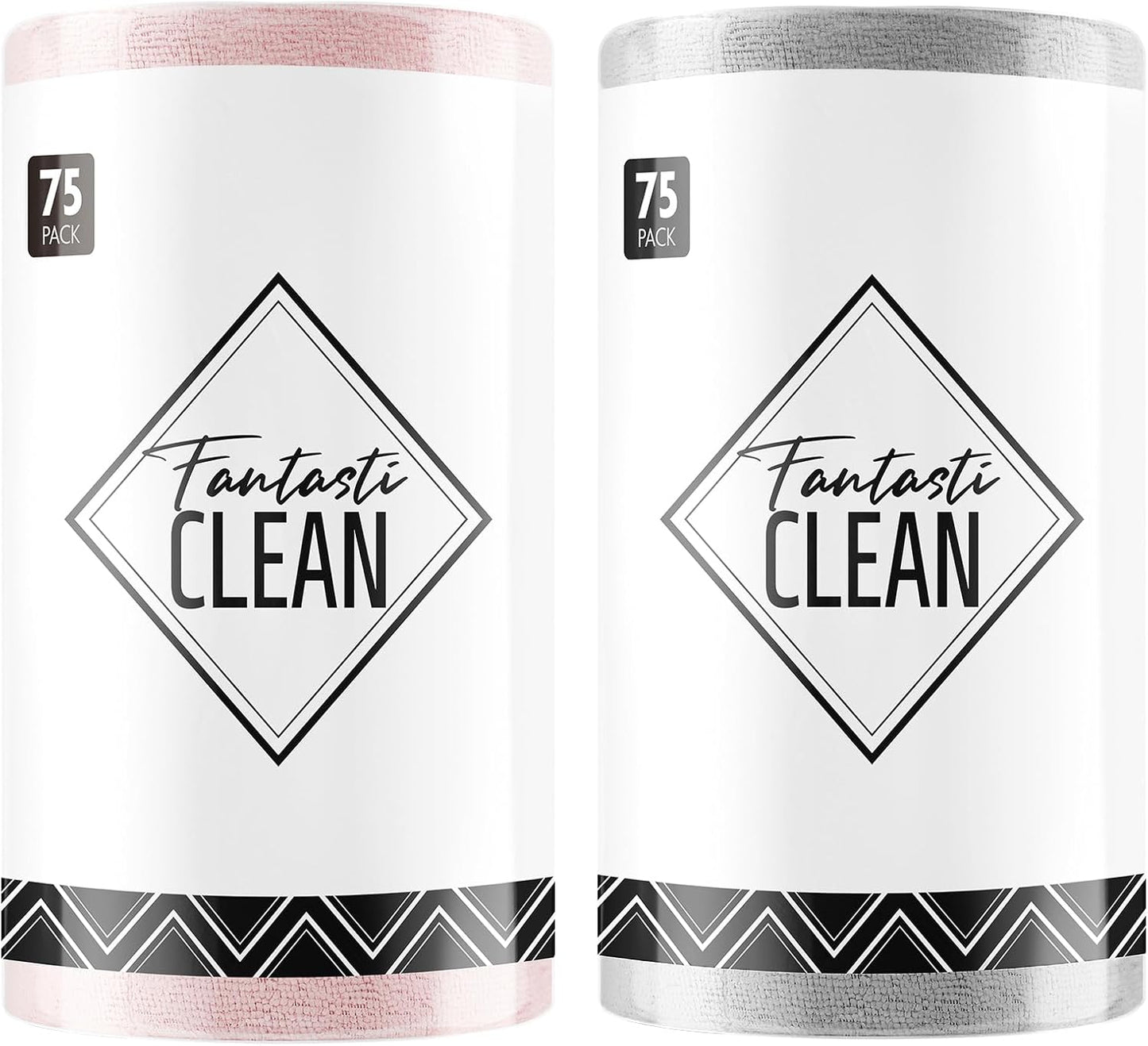 Fantasticlean Microfiber Cleaning Cloth Roll -150 Pack, Tear Away Microfiber Towels, 12" x 12", Reusable, Washable, Ultra Absorbent Dishcloth for Home Supplies, Car, Pet, Kitchen (Pink & Grey)