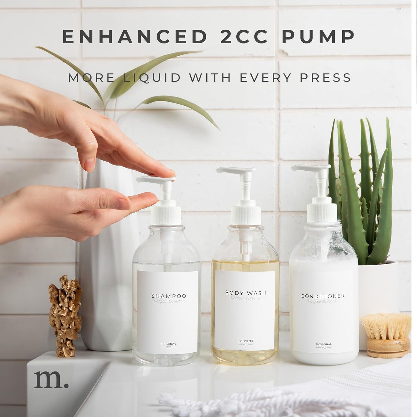 MaisoNovo Refillable Shampoo and Conditioner Bottles | 16.9 fl oz Set of 3 Clear Plastic Bottles White Pumps