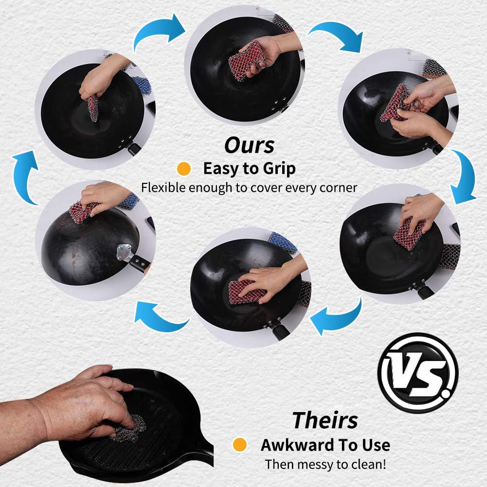 Herda 316L Cast Iron Scrubber Cleaner, Large Cast Iron Chain Mail Scrubber - Chainmail Scrubber Sponge - Metal Skillet Scrubbing, Wok, Dutch Oven Cleaning Kit