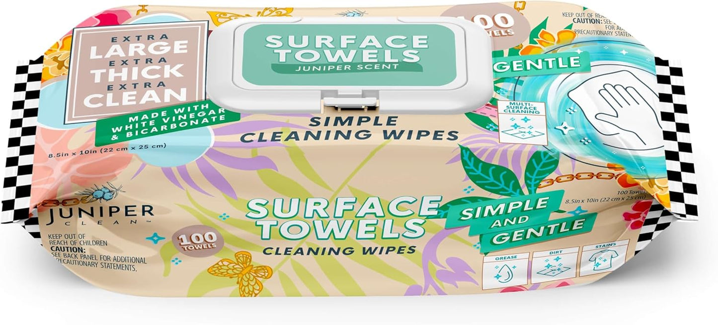 Single Surface Cleaning Wipes Bleach Free, Thick & Large Dispose, All-Purpose Cleaner for Bathroom, Kitchen, Office, 100 Count Soft Flow, Biodegradable, Juniper Scent