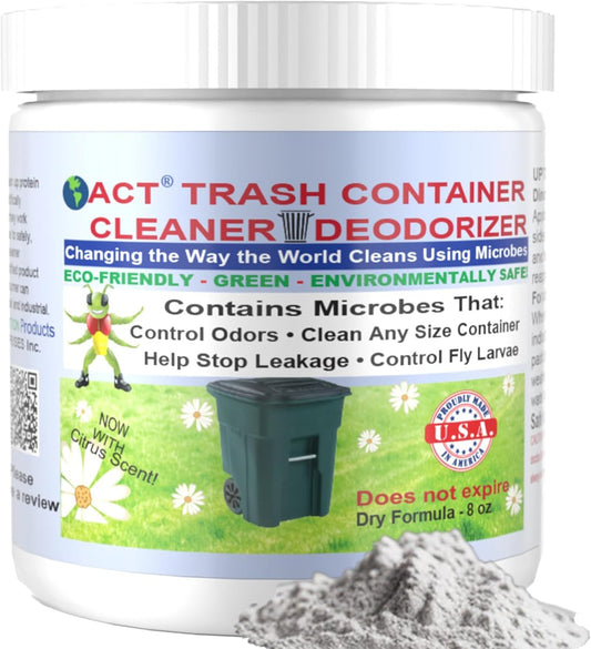 ACT Trash Deodorizer and Cleaner | Eliminates Odors Controls Garbage Sludge | for Garage and Outdoor Bins | Dry Powder Eco-Friendly (8oz)